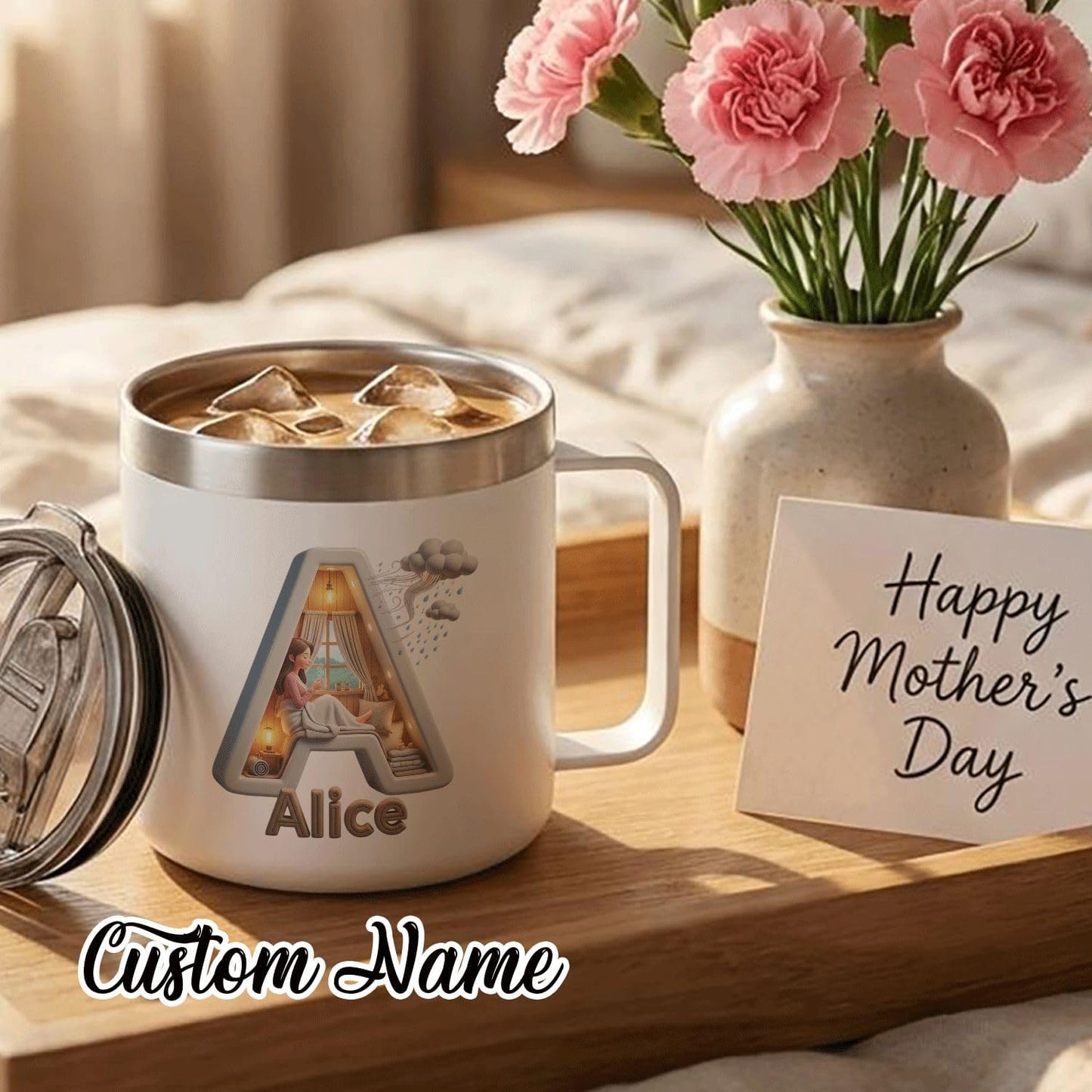 Personalized Insulated Coffee Mug with Lid and Handle, 14oz Stainless Steel Tumbler Cup with Custom Name Alice and Initial A, Cozy Reading Design Gift for Women, Book Lovers