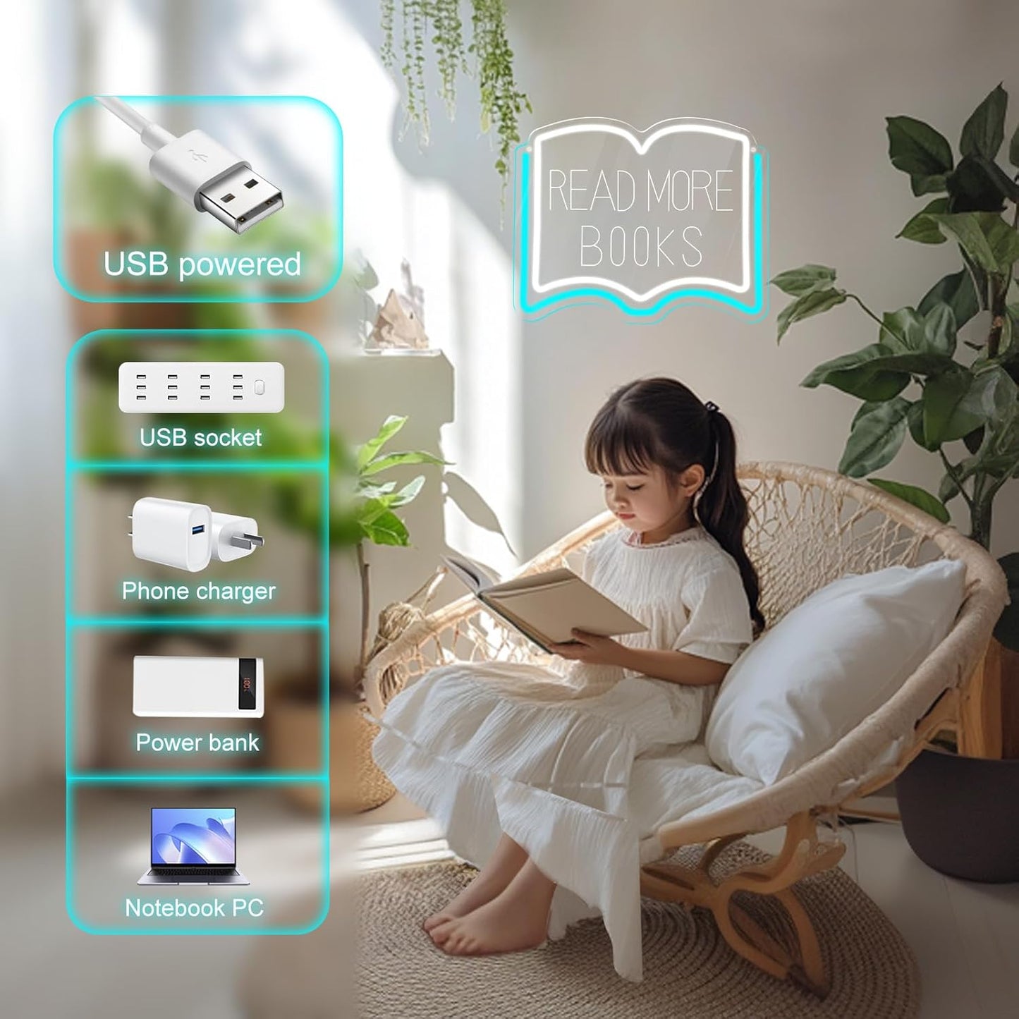 Read More Books Neon Sign, Dimmable LED Reading Neon Light USB Powered for Library Classroom Bookstore Decor, Reading Room Wall Sign for Study Room Bookshelf, Book Lover Gift (Ice Blue)