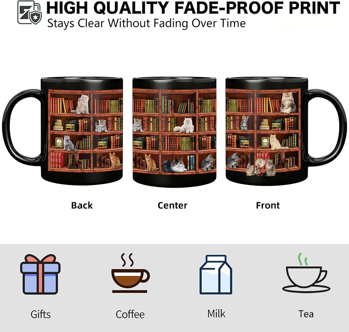 Coffee Mug for Book Lovers - Cat Mugs for Cat Lovers - Funny Mugs Charming Gifts for Book Lover Women and Cute Gifts for Writers & Readers - Library Bookshelf Mug - 11oz Black Ceramic Coffee & Tea Cup