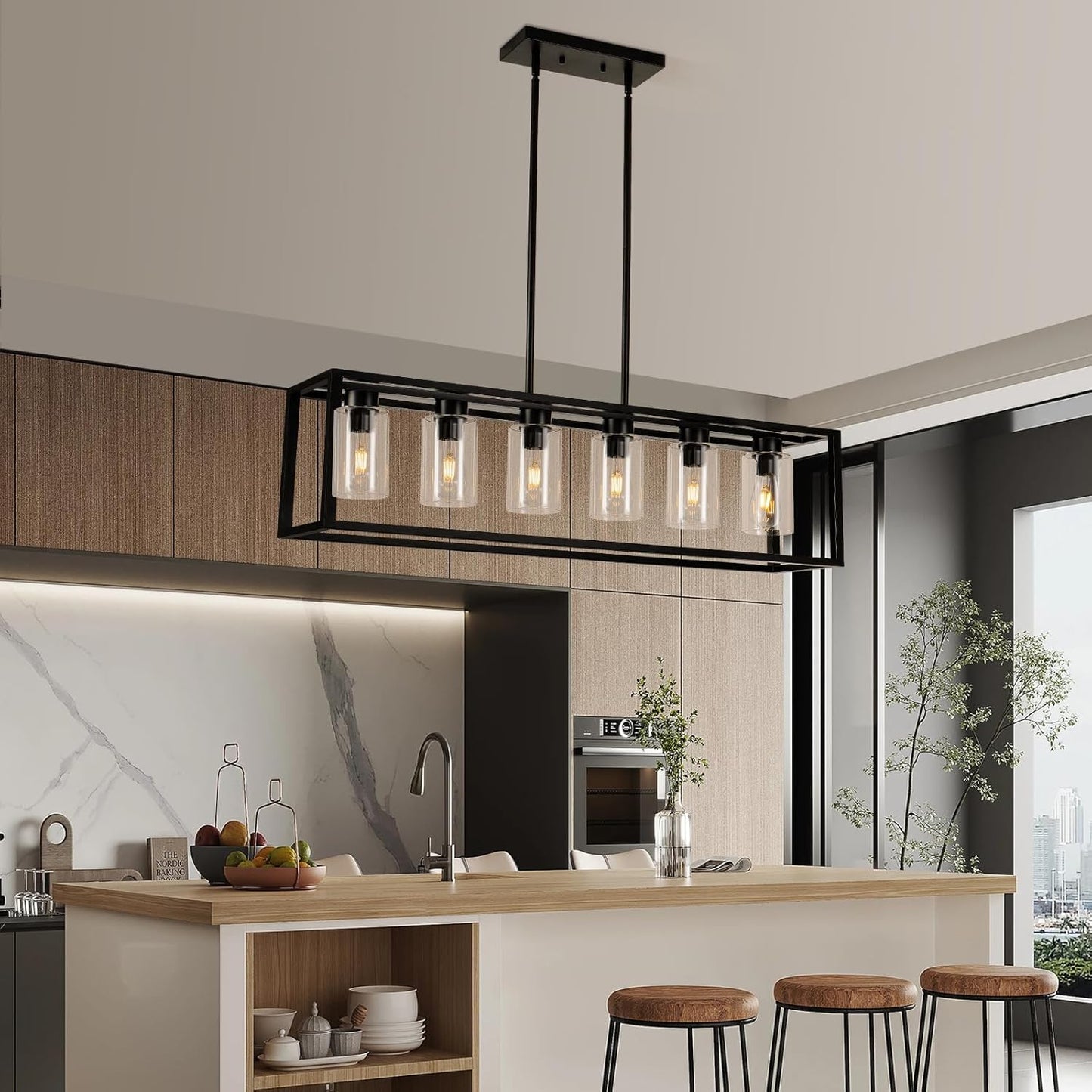 Farmhouse Dining Room Light Fixture Kitchen Island 6-Light Pendant Lighting， Adjustable Rectangle Black Contemporary Chandeliers with Glass Shade (6 Light)