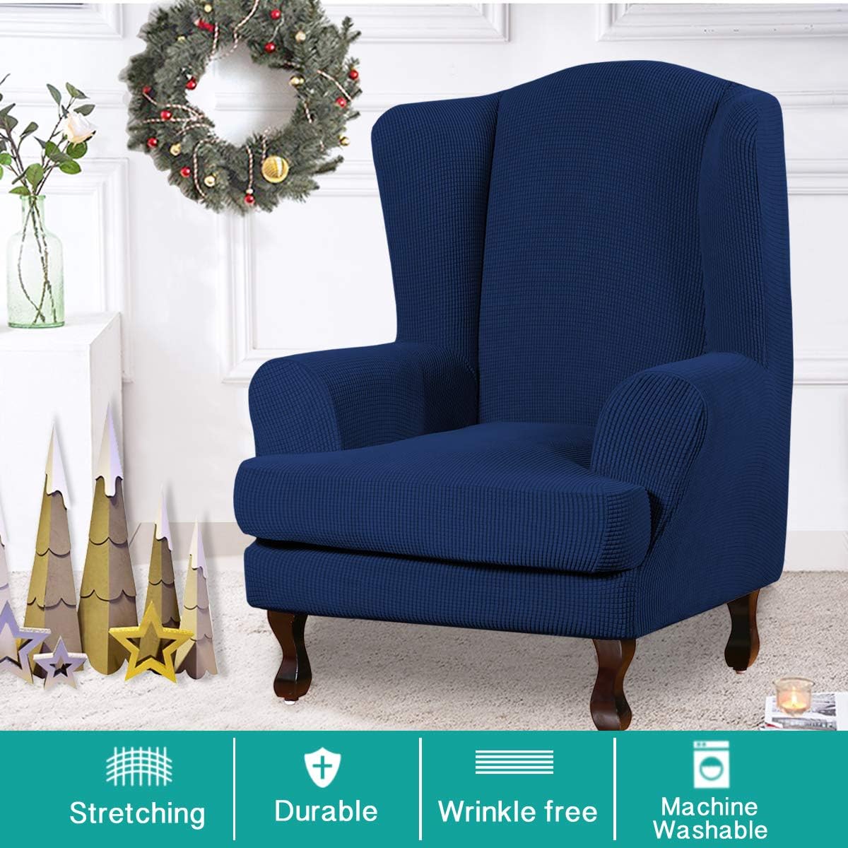 Turquoize Wingback Chair Covers 2 Piece Wing Chair Slipcover Stretch Slipcovers for Wingback Chairs Wing Chair Cover Spandex Jacquard Fabric with Elastic Bottom Non-Slip Furniture Cover, Navy