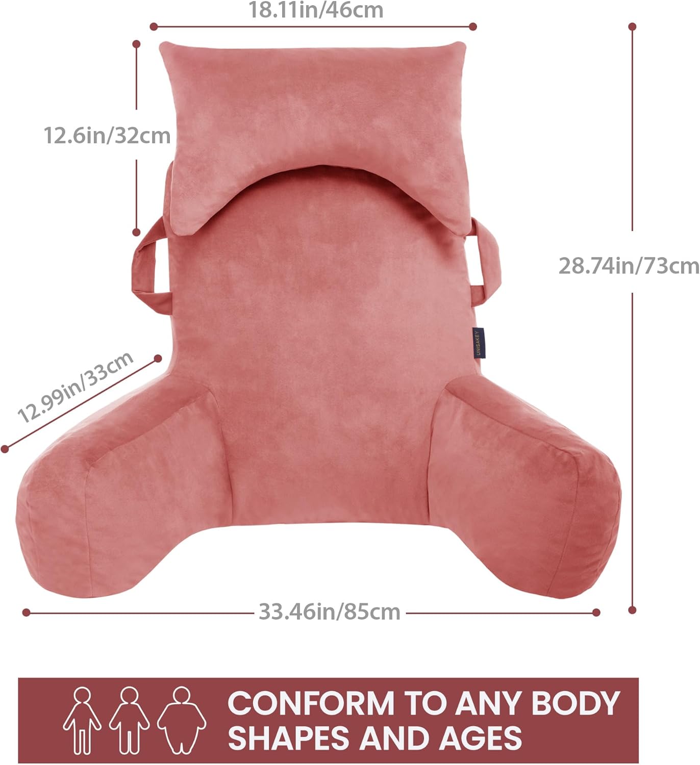 Portable Reading Pillows with Headrest for Bed Sitting Up(Dark Pink Oeko-Tex), Velvet Back Pillow with Arms & Pockets for Adults, Support Memory Foam Bed Pillow for Dorm/Watching/Gaming