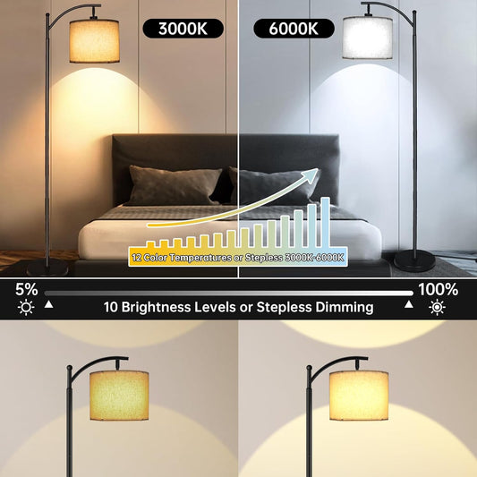 LED Floor Lamps for Living Room, 12W 1200LM Modern Arc Floor Lamp with Remote & Adjustable Linen Lampshade, 12 Color Temperature Stepless Dimmable Tall Standing Lamp (Beige Shade)
