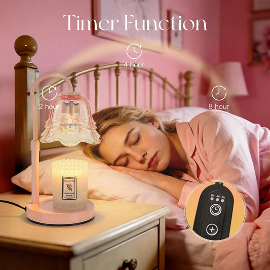 Candle Warmer Lamp with Timer: Pink Flower Candle Warming Lamp with 2 Bulbs Height Adjustable Wax Warmer Dimmable Coquette Preppy Room Home Decor Mothers Day Gift for Women