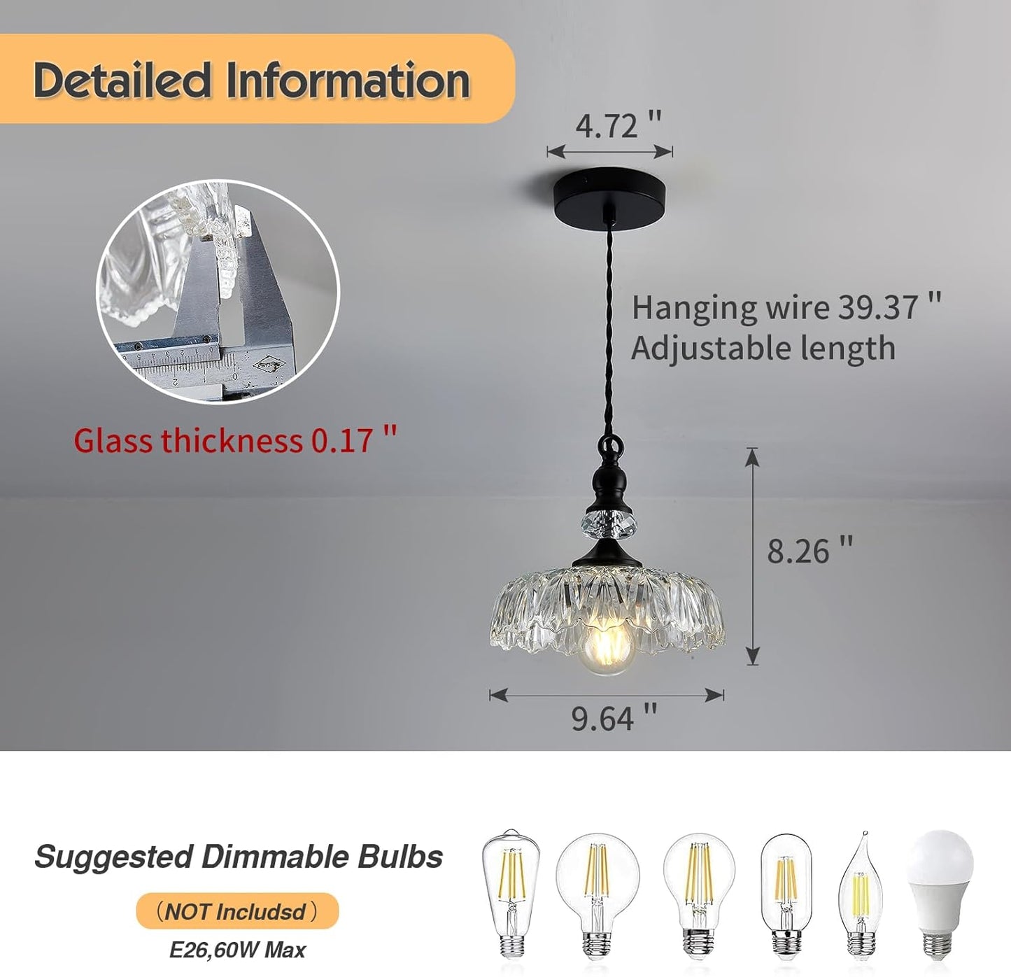 CVKASH Vintage Glass Pendant Light Fixture Black Modern Adjustable Chandelier Hanging Light for Farmhouse Dining Room Kitchen Bedroom Hallway Island