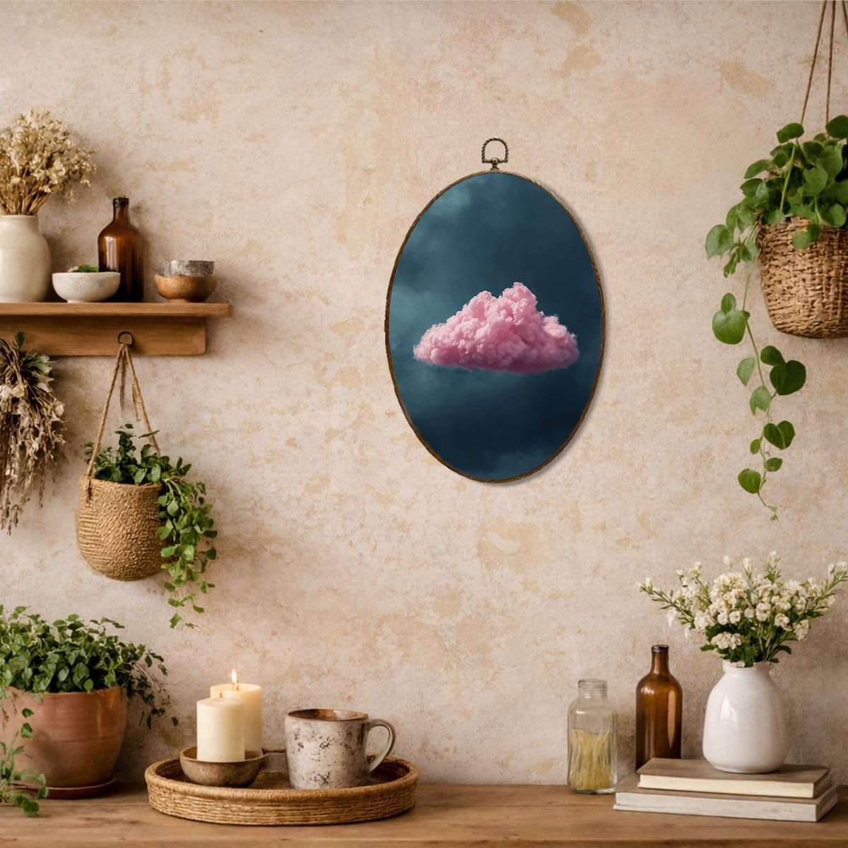 LMMHIOPI Minimal Pink Cloud Oval Wall Art, Dreamy Aesthetic Sky Canvas Print Decor for Bedroom Living Room, 8.5x11.5 Inch