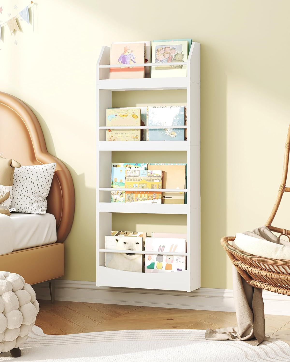Kids Bookshelf, 15.7 Inch Wall Mounted Bookshelf, 4-Tier Nursery Book Shelves, Book Shelf for Kids Room, Bedroom, Living Room, Playroom, White MCW04WB