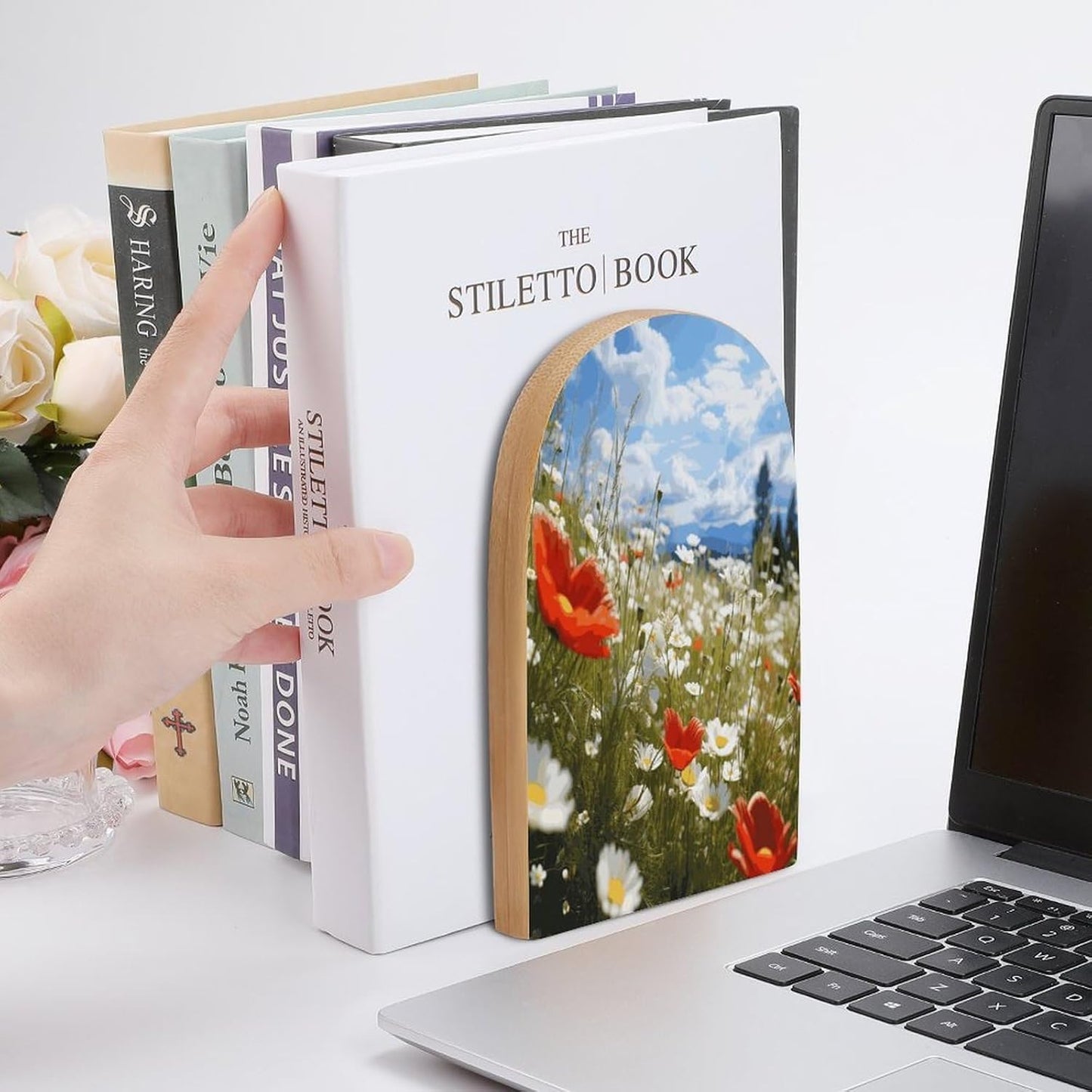 Meadow and Daisy Flowers Bookend for Shelves Wooden Book End Large Size Sturdy Book Holders Stoppers with Metal Base for Bookshelves Slick Decorative Bookends Stands