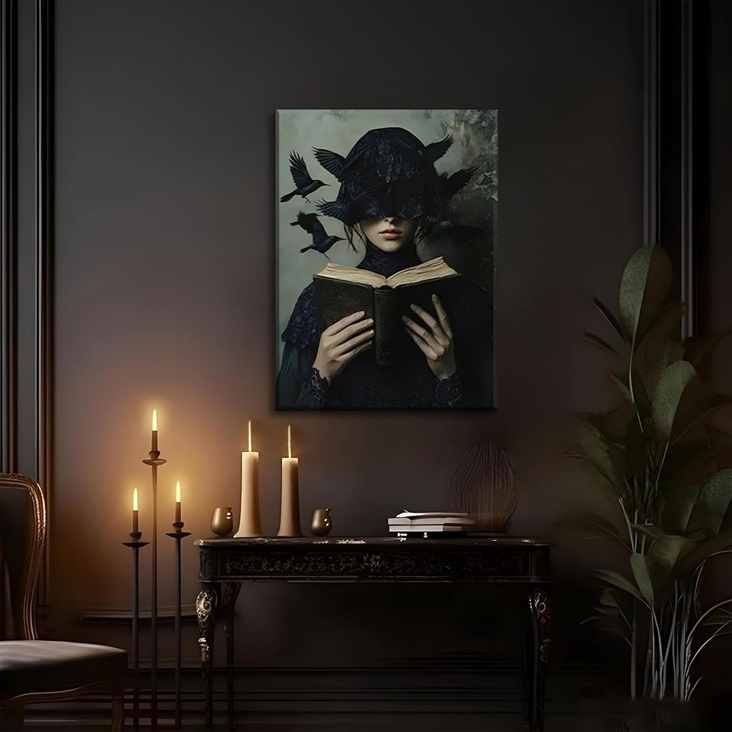 Dark Academia Canvas Wall Art Gothic Victorian Woman Reading Book Wall Decor Picture Moody Dark Crow Aesthetic Poster Print for Gallery Living Room Bedroom Home Decoration 12x16in