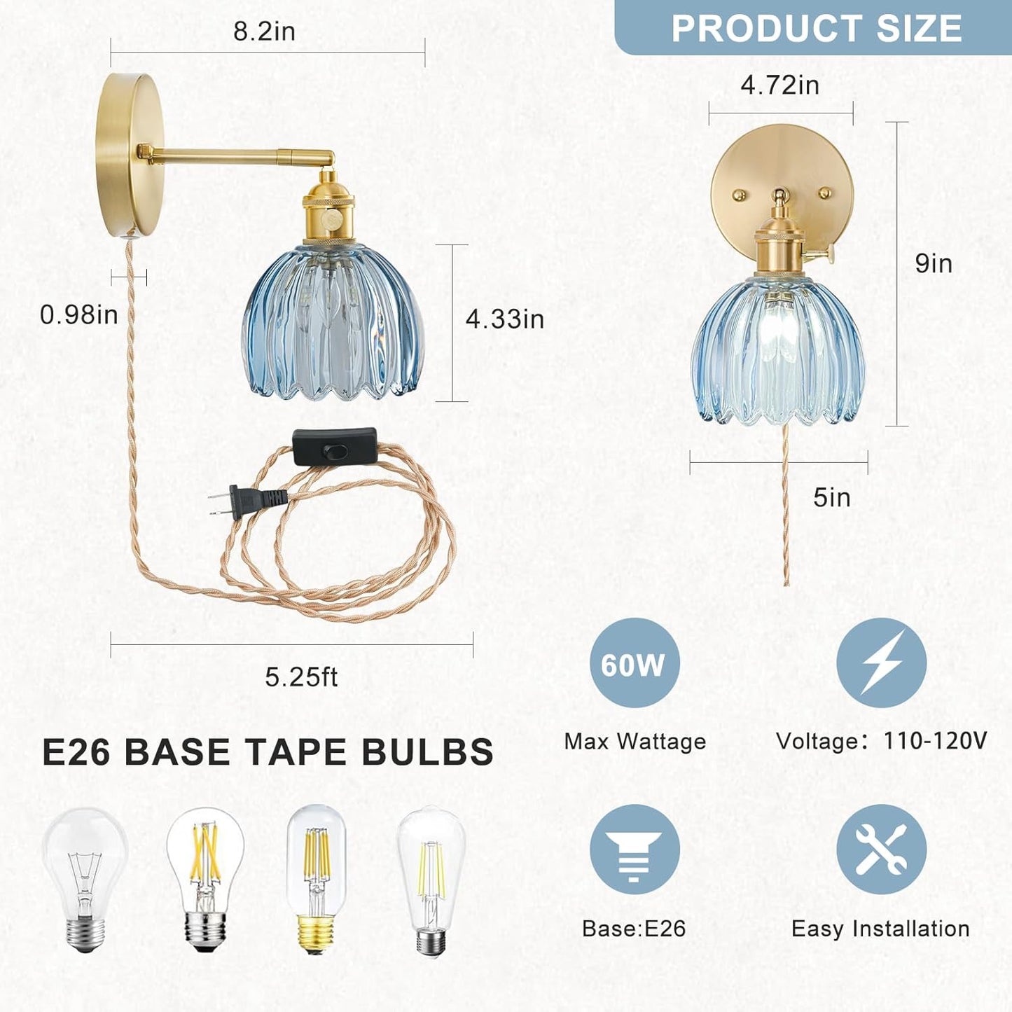 Plug in Wall Sconce, Vintage Sconce Light with Tulip Denim Blue Glass Lampshade, Bedside Wall Sconce with Switch and Plug in Wall Lamp Cord, Gold Wall Light for Bedroom