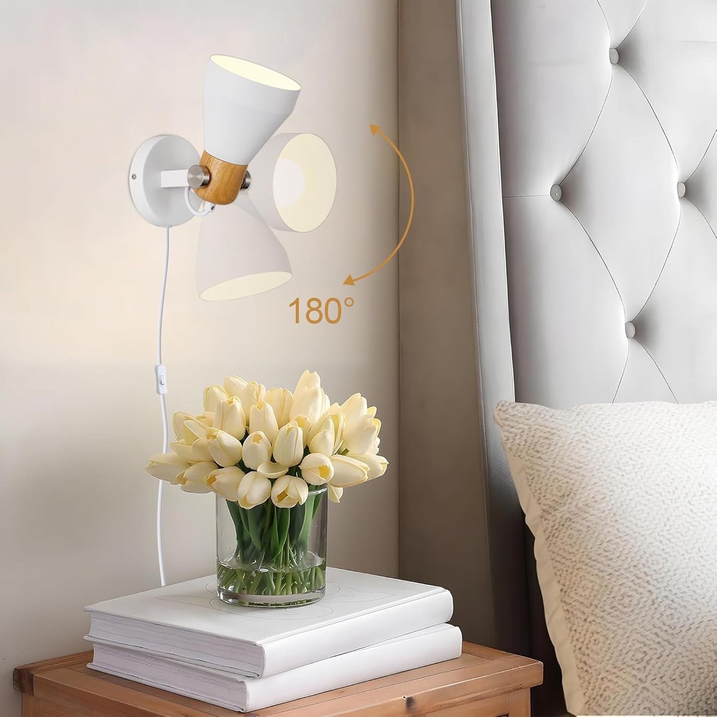Modern Plug-in Wall Sconces - Matte White Adjustable Reading Light with Natural Wood Accent, Wall Lamp for Bedroom, Living Room, Home Office