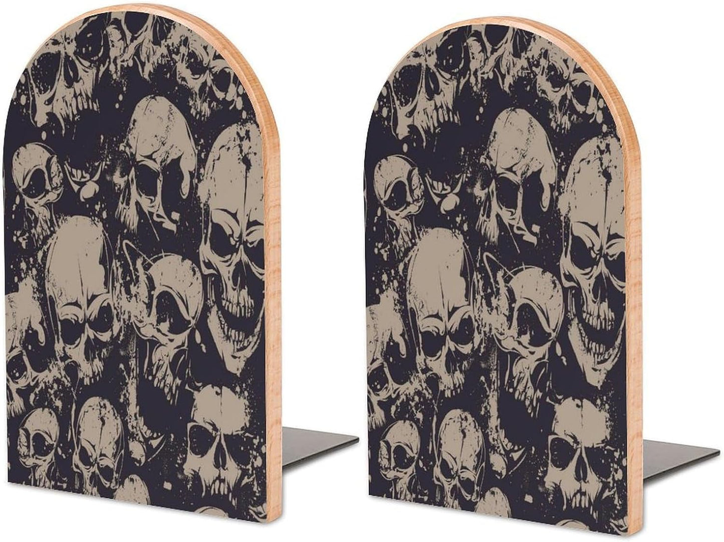 Many Skulls Get Together Wooden Bookend Non-Slip Book Ends Heavy Duty Book Stopper with Metal Base Books Holderd Decorative Bookends Stands Firmly for Office Supplies
