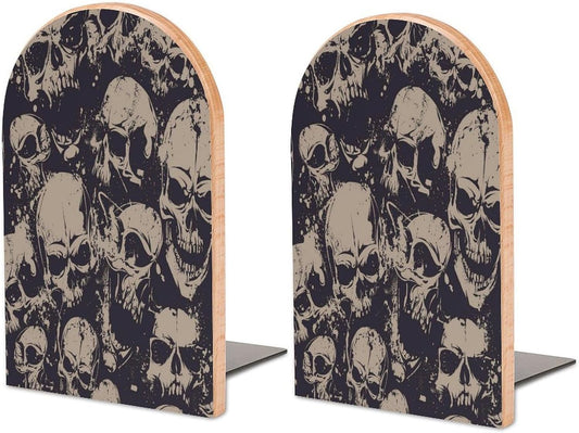 Many Skulls Get Together Wooden Bookend Non-Slip Book Ends Heavy Duty Book Stopper with Metal Base Books Holderd Decorative Bookends Stands Firmly for Office Supplies