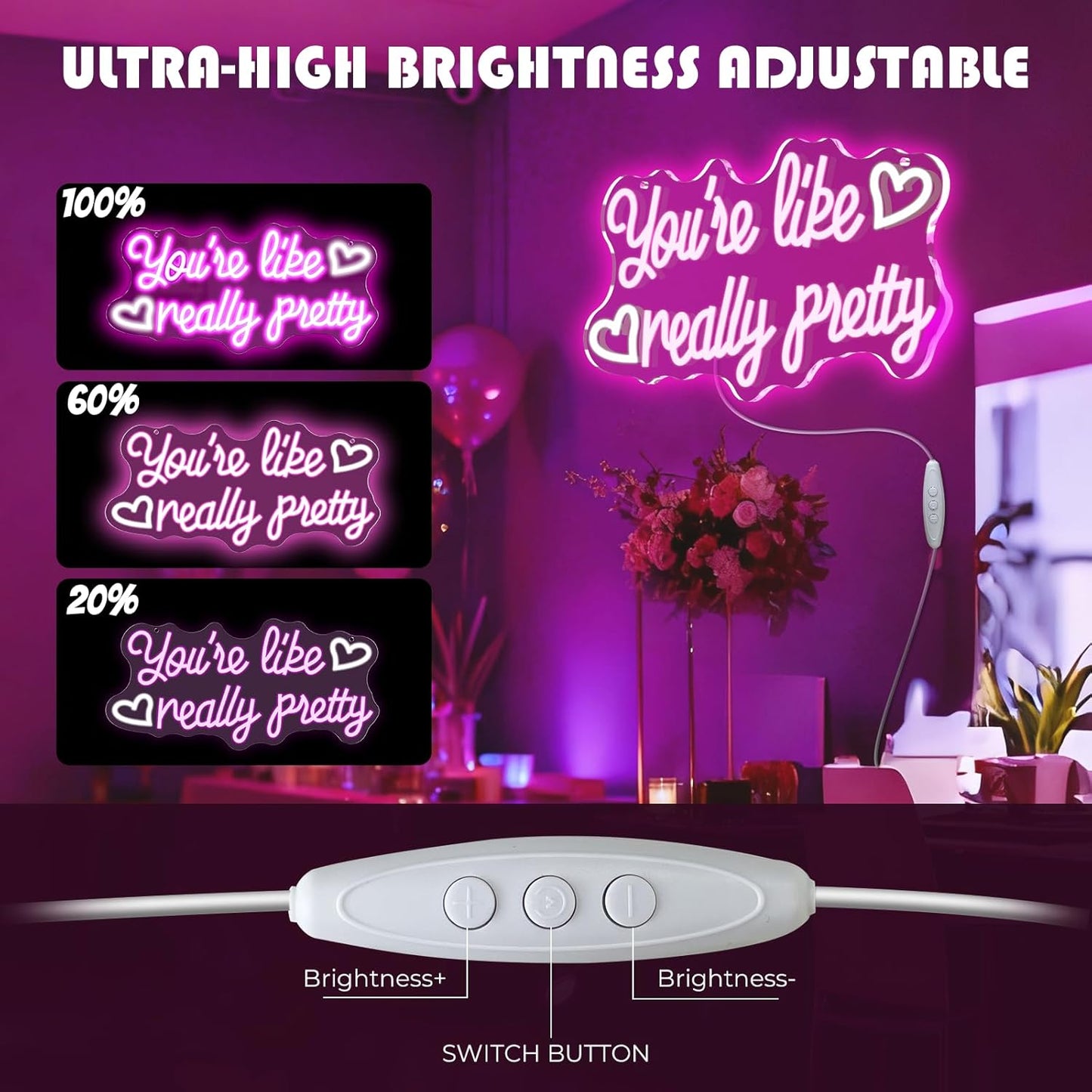 You're Like Really Pretty Neon Sign, 16.5 * 7.8 Inches Led Sign, Neon Signs for Wall Decor with Dimmable Switch, USB Power Light up Sign, Pink Neon Lights for Teen Girls Bedroom, Salon, Party