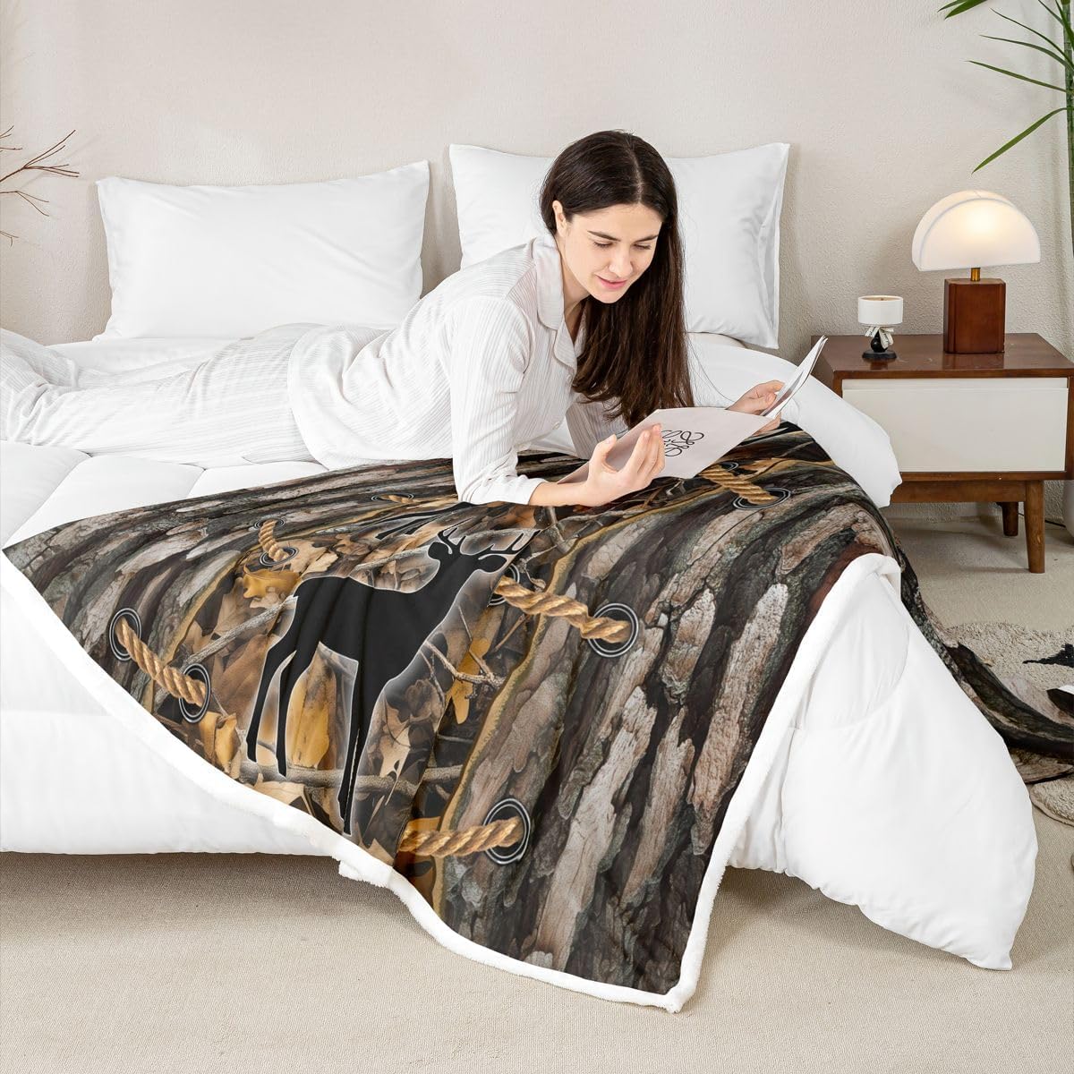 Feelyou Camouflage Sherpa Throw Blanket for Couch Deer Super Soft Cozy Fleece Wild Animal Blanket for Winter, Plush Throw Tree Branch Camo Queen 90"x90" Western Farmhouse All Season