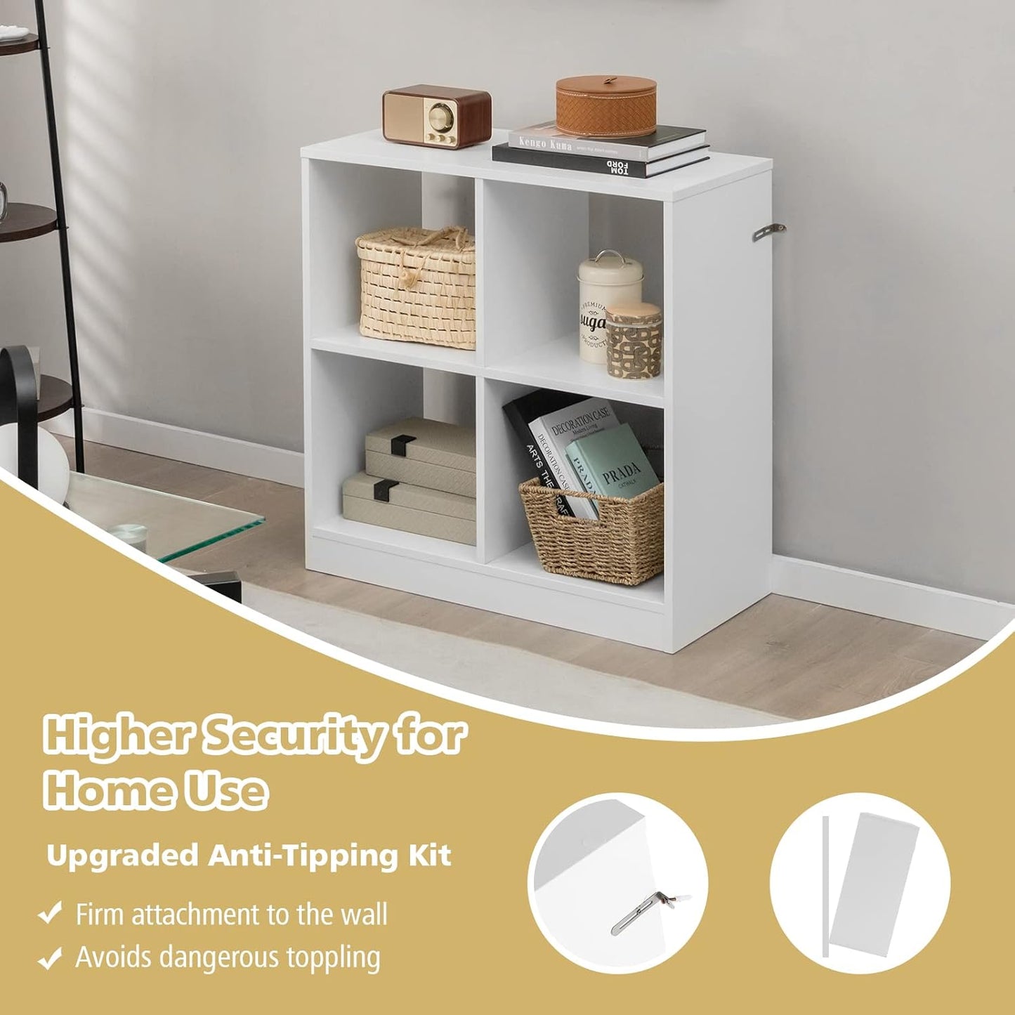 Nightcore 4-Cube Storage Bookcase, 2-Tier Freestanding Wooden Organizer with Anti-Tipping Device, Modern Display Storage Cabinet, Floor Open Bookshelf for Living Room, Bedroom, Study (White)