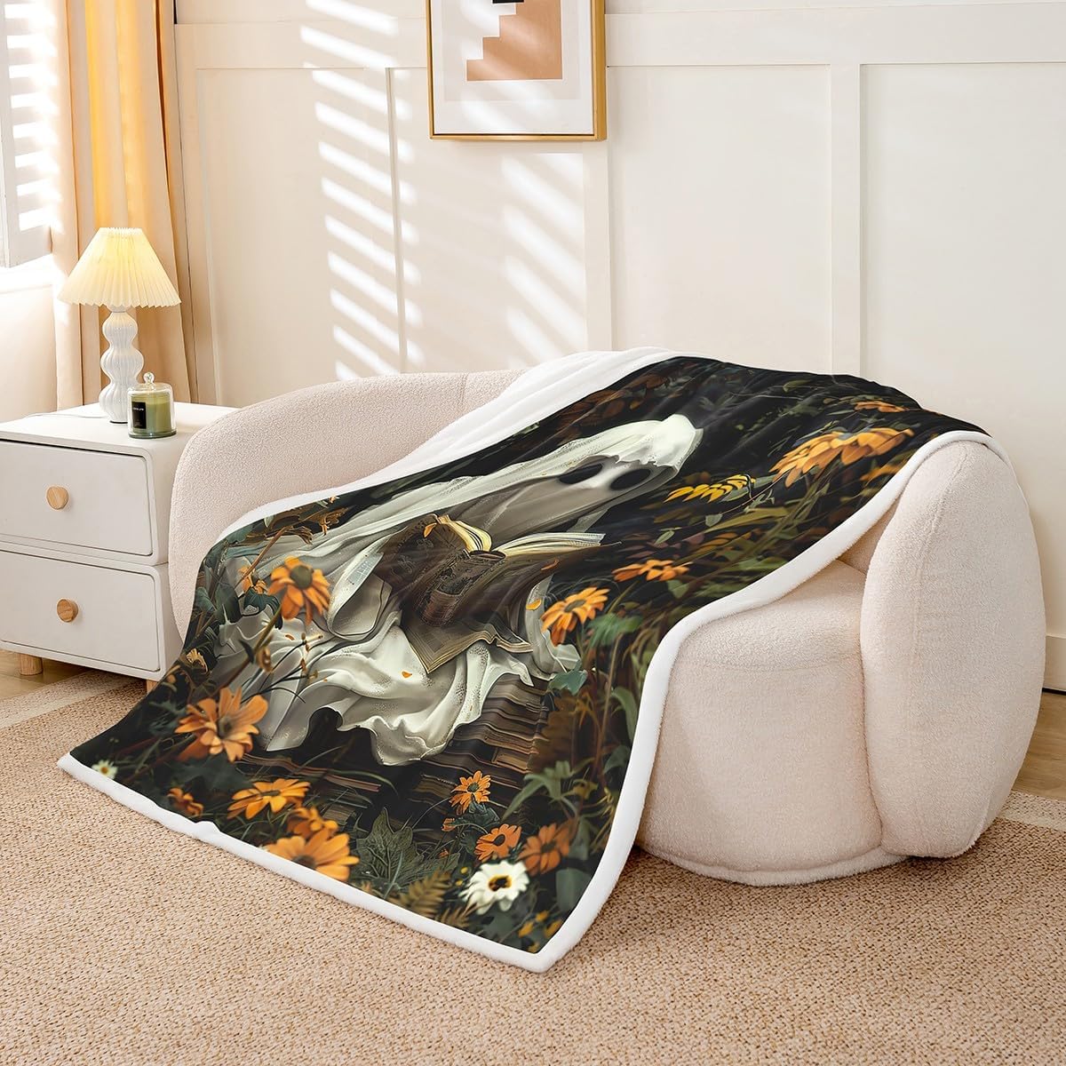 Halloween Ghost Throw Blanket,Mystic Book Reading Skull Bed Plush Blanket for Living Room Decor,Vintage Floral Plants Couch Bed Sofa Soft Cozy Kids Adults Teen Fleece 50"x60"