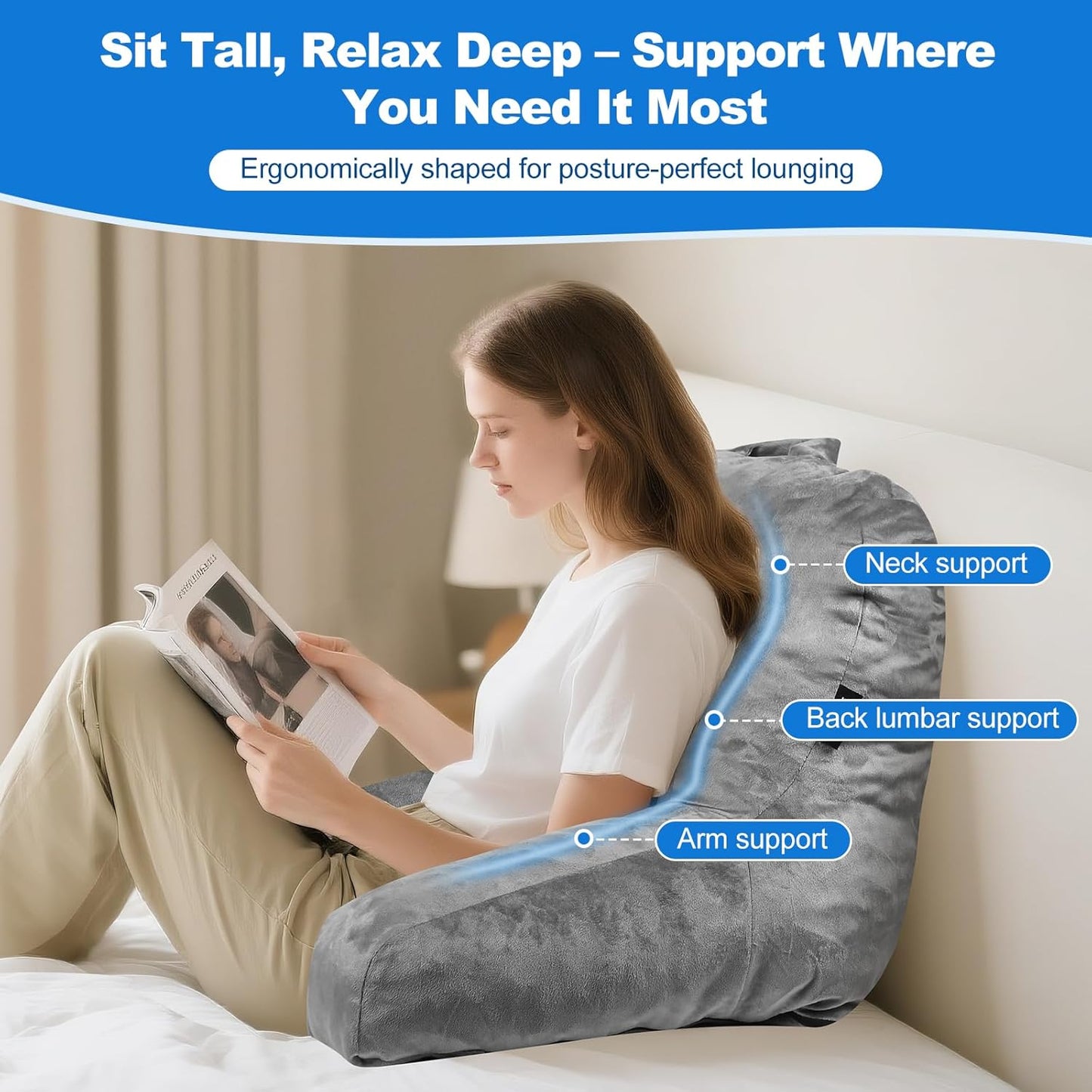 Reading Pillow Premium Backrest Support for Bed, Couch & Floor, Back & Arm Support Reading Pillow for Adults & Teens – Washable Cover, Grey