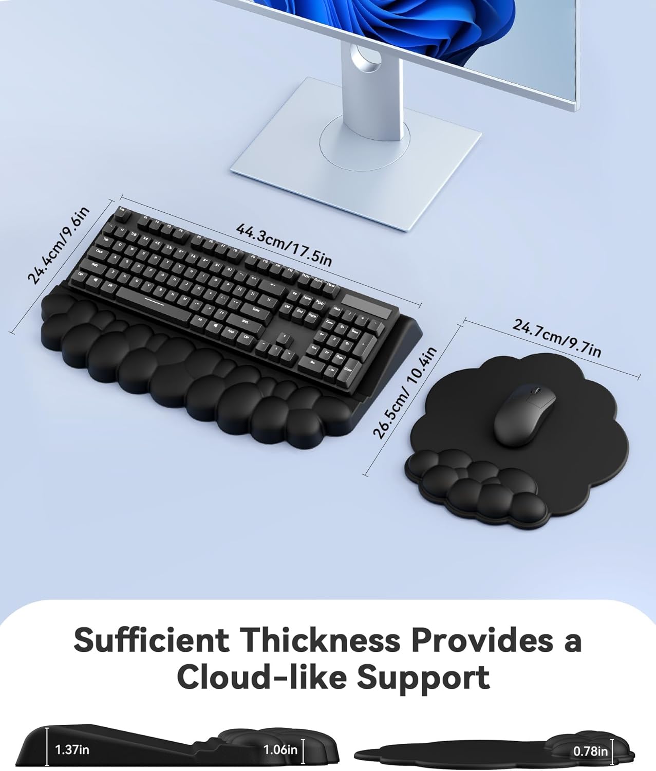 Cloud Wrist Rest for Keyboard and Mouse for Desktop, PU Leather Cloud Computer Keyboard Stand with Mouse Pad, Key Board Wrist Support Riser, Angle Adjustable Arm Rest(Black)
