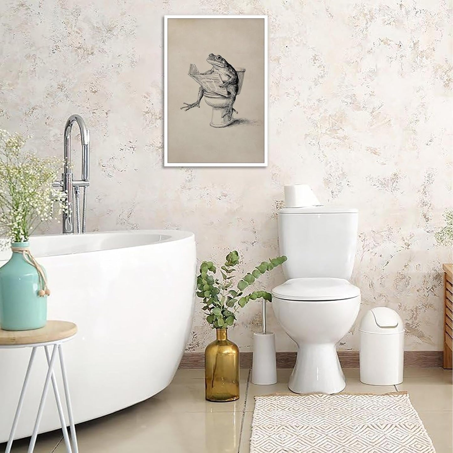 Funny Bathroom Animal Poster Frog Reading Newspaper On Toilet Wall Art Whimsical Quirky Sketch Artwork Aesthetic Prints Painting For Apartment Bathroom Restroom Wall Decor 12x16in Unframed