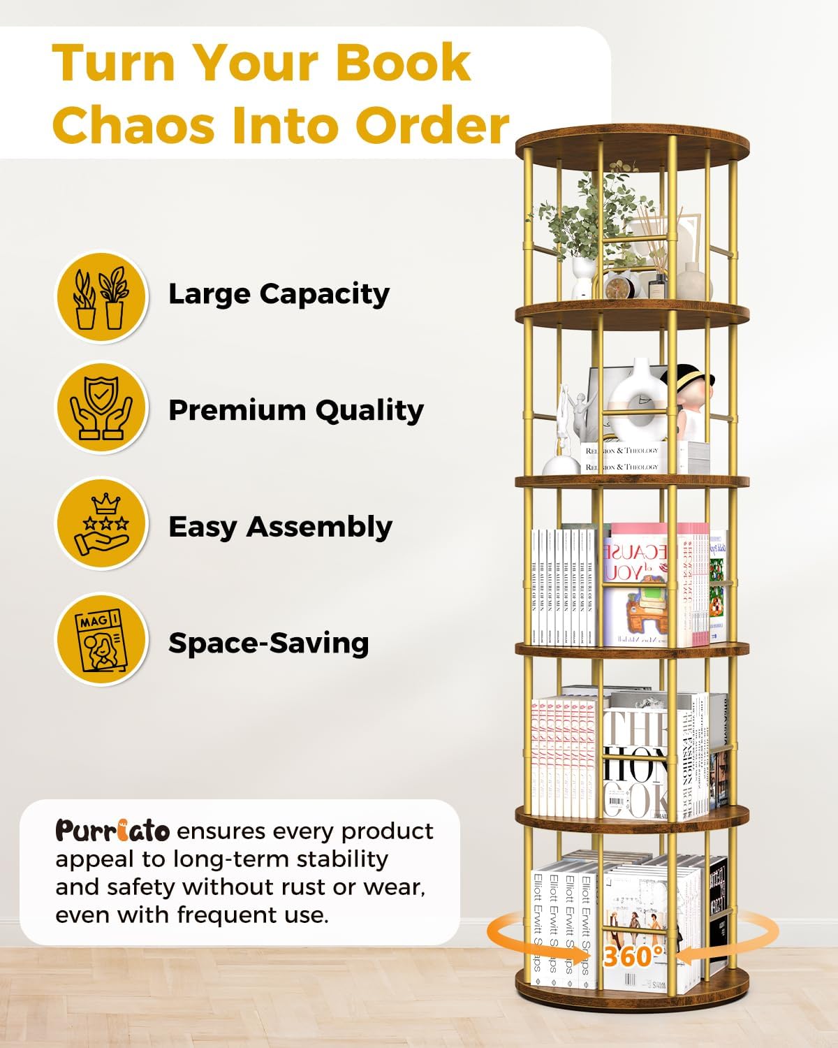 5-Tier Rotating Bookshelf Tower – 360° Spinning Bookcase, Stackable Narrow Storage Organizer, Tall Space-Saving Swivel Shelf for Corner, Bedroom, Living Room, or Office (Black)