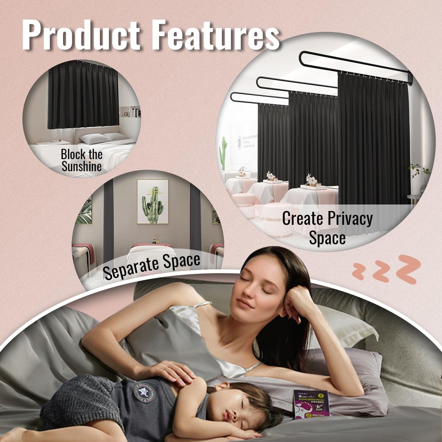 U-Shape Room Divide,Curtain for Beauty Salon,Privacy Partition Curtains with Metal Support Wall Mounted Curtains for Fitting Room, SPA, Bedroom, Room Divider,Hospital,6.56ft (Black)