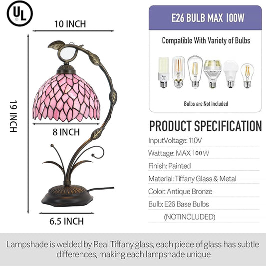 Tiffany Table Lamp, Stained Glass Desk Reading Light, 8X10X19 Inches, Metal Leaf Base (Pink Wisteria)