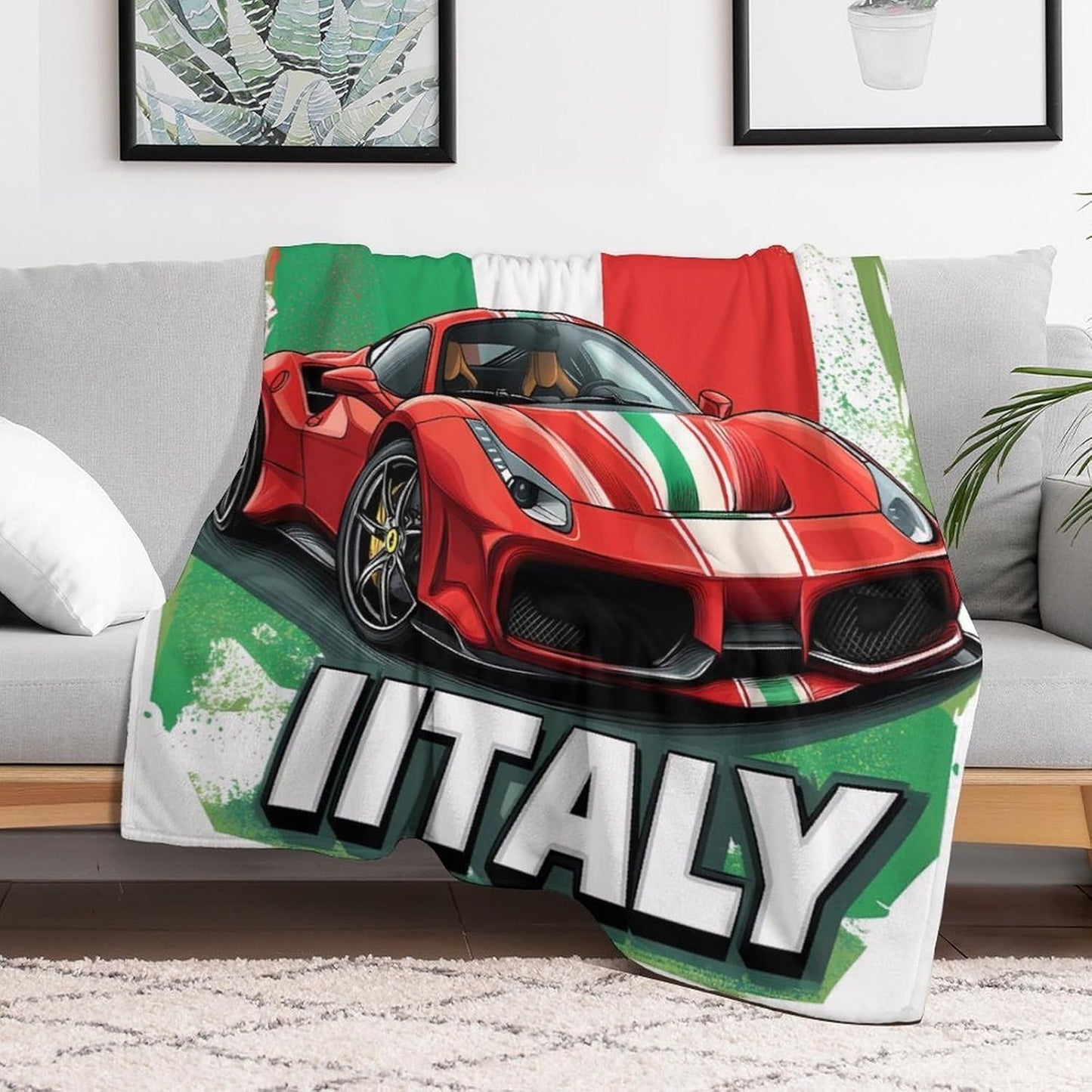 Funny Italian Sportscar Throw Blanket for Couch Bed Plush Cozy Fuzzy Flannel Blanket for All Season 66"x90"