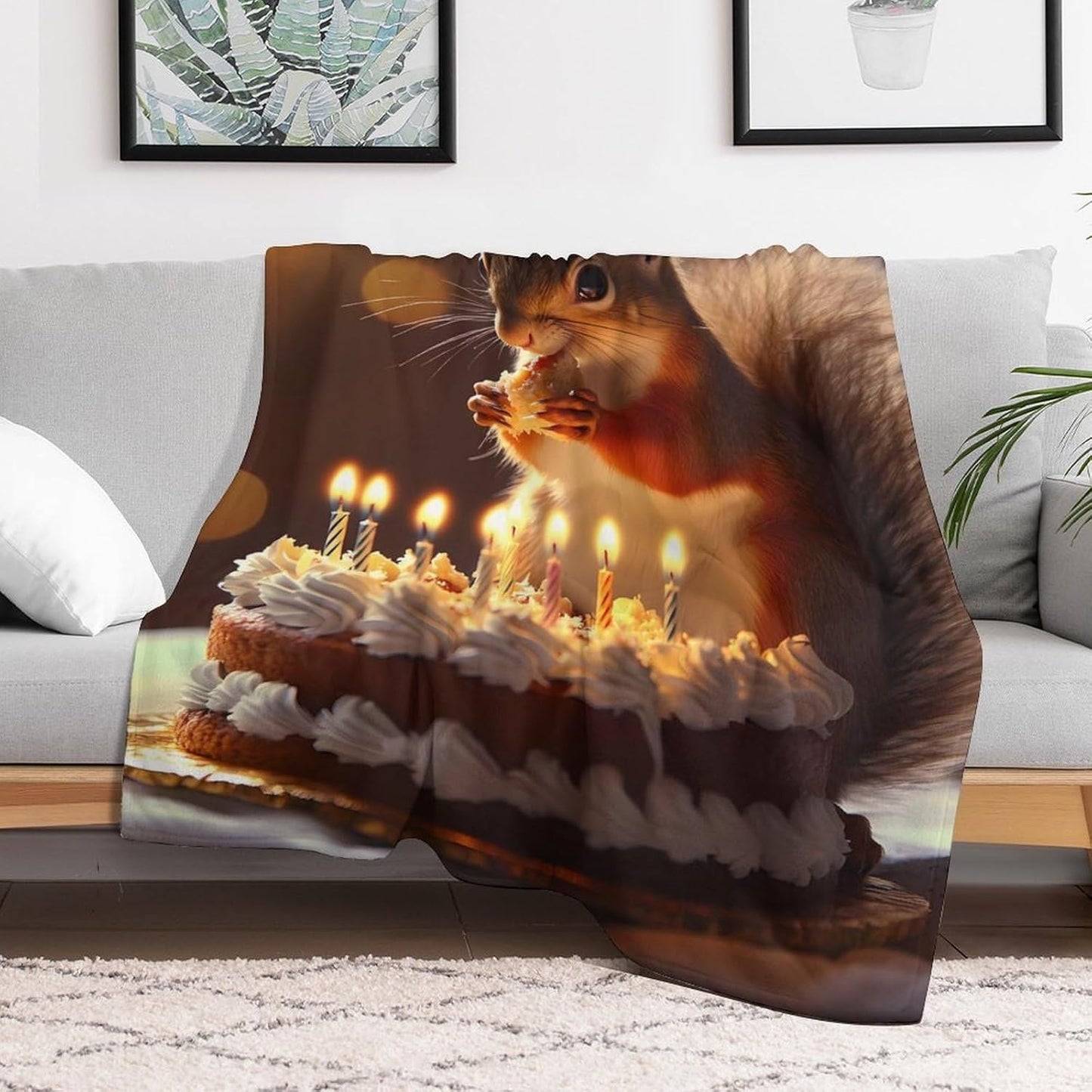 Squirrel Birthday Cute Throw Blanket for Couch Bed Plush Cozy Fuzzy Flannel Blanket for All Season 60"x80"