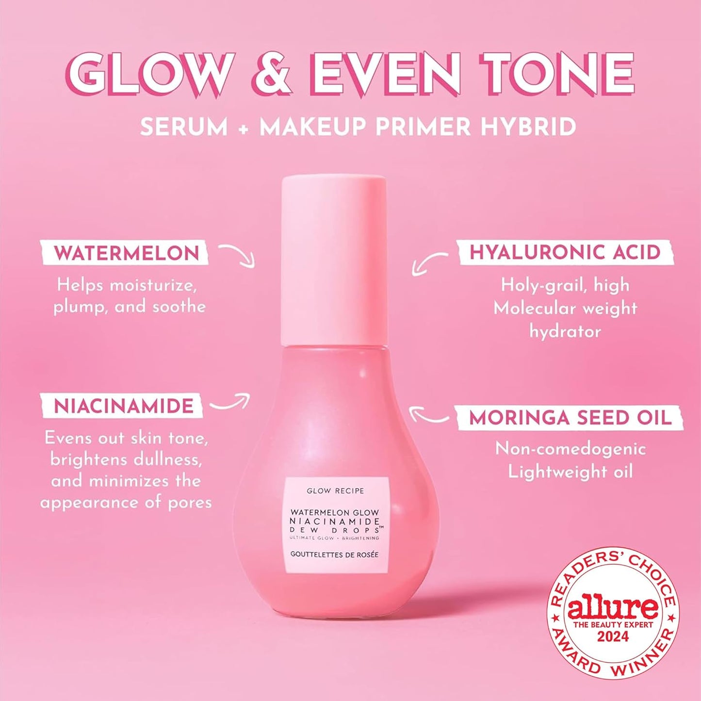 Glow Recipe Watermelon Niacinamide Dew Drops, Korean Niacinamide Serum Drops, Hydrating Face Serum + Primer & Liquid Highlighter, Hyaluronic Acid, Dewy Glow (40ml)