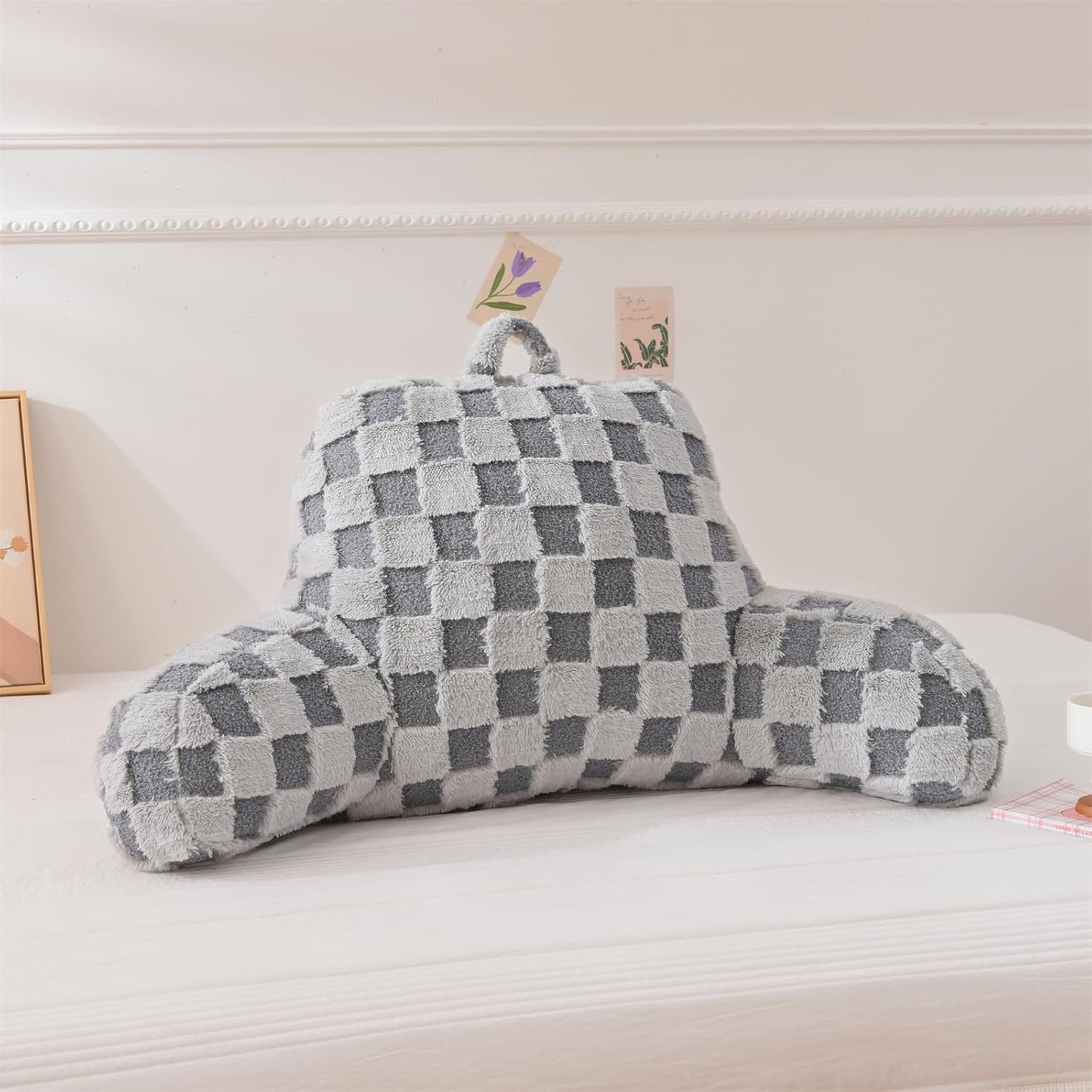 Wedge Reading Pillow with Arms — Large, Checkered, Back Support for Bed Sitting