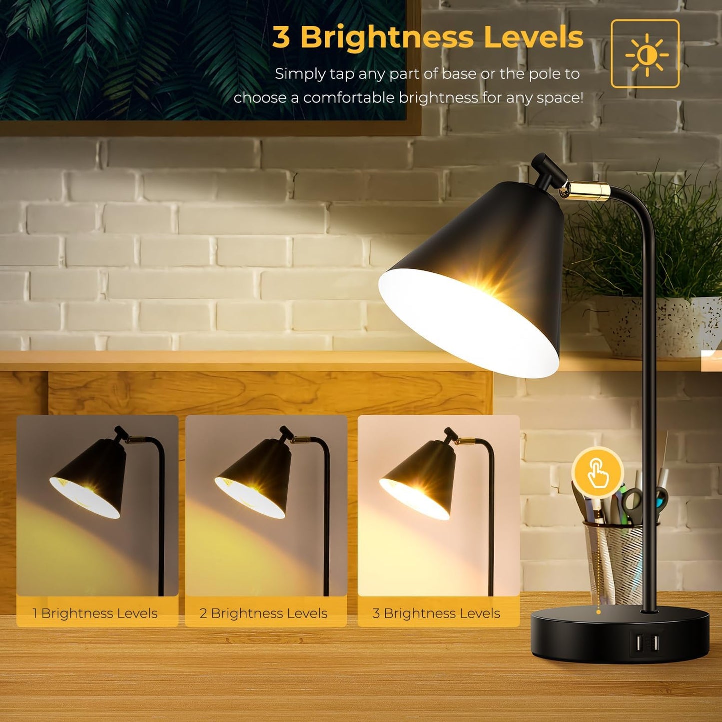 Industrial Dimmable Desk Lamp with 2 USB Charging Ports AC Outlet, Touch Control Bedside Nightstand Reading Lamp Flexible Head, Black Metal Table Lamp for Bedroom Office Living Room, Bulb Included