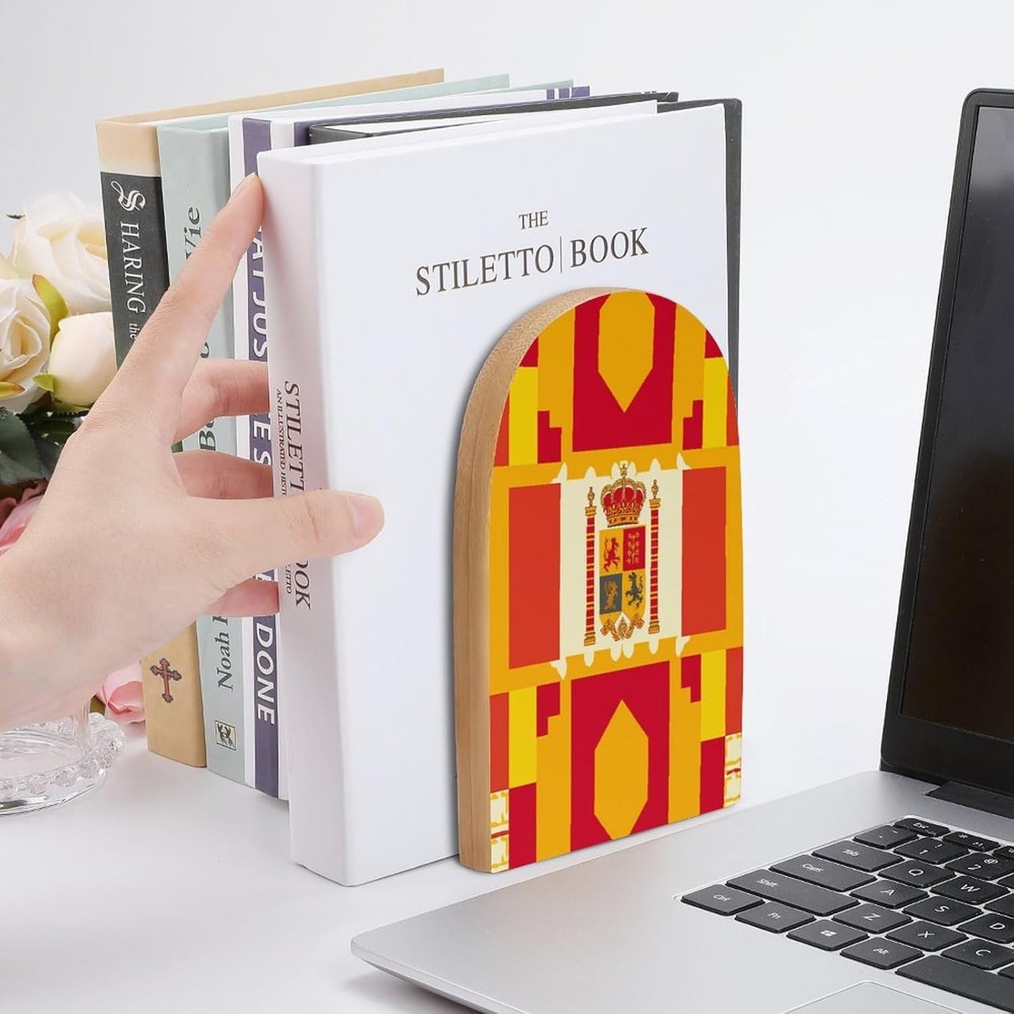 Spanish Flag Pattern Wooden Bookend Non-Slip Book Ends Heavy Duty Book Stopper with Metal Base Books Holderd Decorative Bookends Stands Firmly for Office Supplies