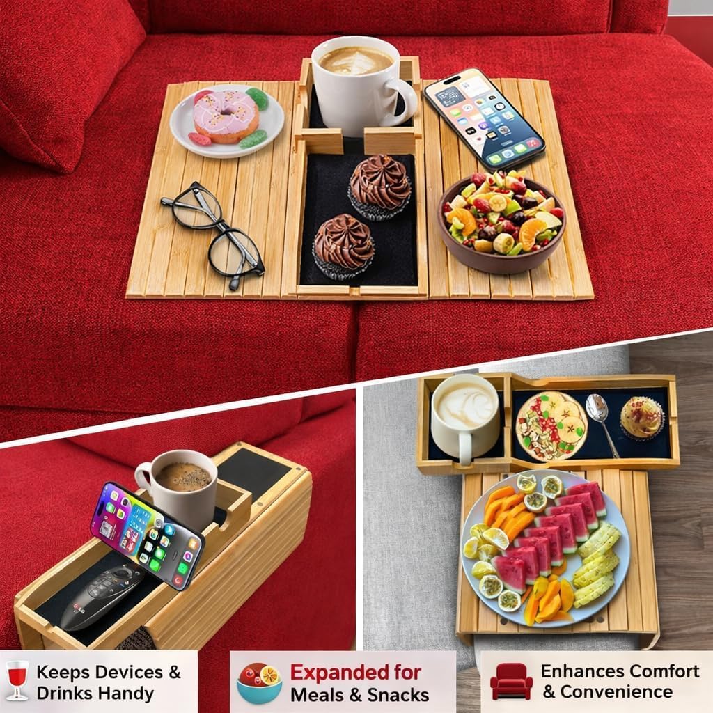 Bamboo Sofa Armrest Tray -with Detachable Cup Holder, Fits Arms up to 6 Inches Wide - Foldable Non-Slip Bamboo Sofa Arm Tray Table for Remote, Cell-Phone & Drinks, Snacks – Space-Saving, 17.7"x12.8"