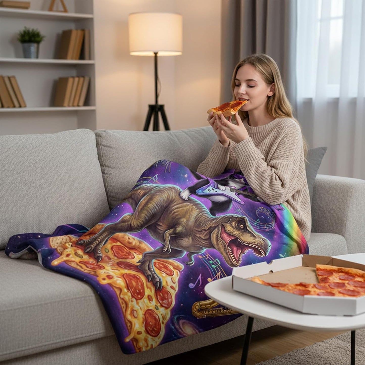 Funny Rock Cat Throw Blanket, Music Cat Pizza Dinosaur Musical Galaxy Soft Cozy Flannel Blanket for Music Lovers, 50×60 inch