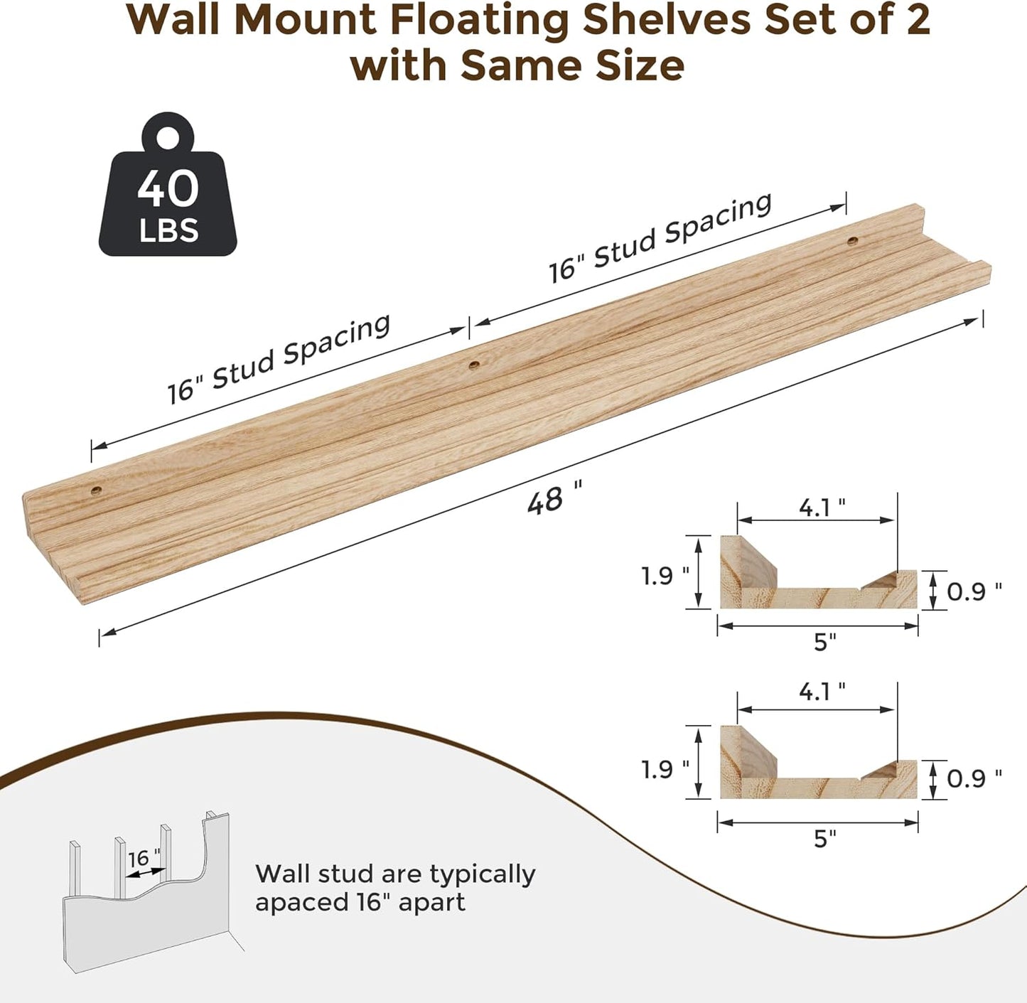 RICHFOCUS Floating Shelves for Wall, 48 inch Solid Wood Picture Ledge Shelf for Wall Storage, Nursery Book Shelves with Lip for Living Room Bathroom Bedroom Kitchen, Set of 2, Carbonized Black