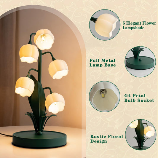 Flower Table Lamp, Lily of The Valley Lamp for Bedside Accent 3 Color Modes Cottagecore Soft Reading Night Light for Bedroom, Corner, Dorm, Entrance Home Vintage Decor (Dark Green)