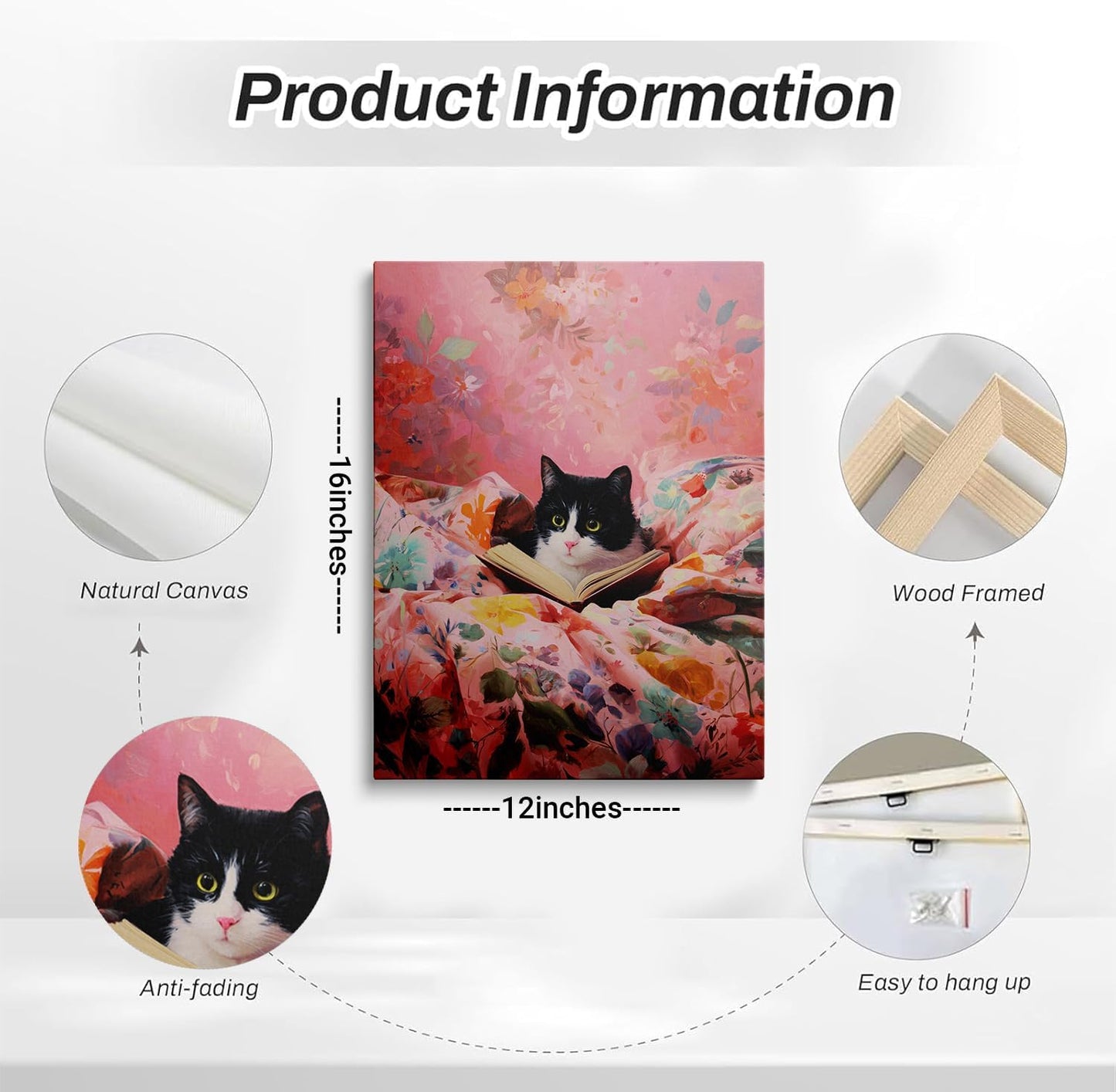Funny Cat Reading Book with Green Eyes Canvas Wall Art Framed Whimsical Animal Painting Prints Posters Artwork for Girls Room Wall Decor Pink Aesthetic Cute Cat Lover Gift 12x16 Inches
