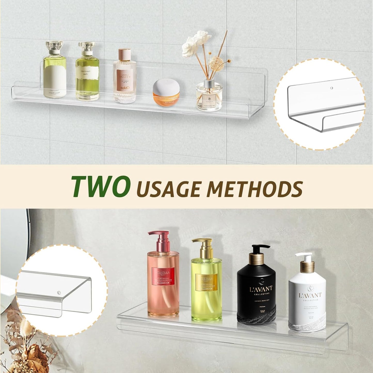 Acrylic Floating Shelves for Wall 6 Pack, 15" Acrylic Shelves for Room Decor, Book Shelf for Kids, Clear Hanging Display Shelf Organizer for Kitchen, Bedroom, Bathroon Organizers and Storage