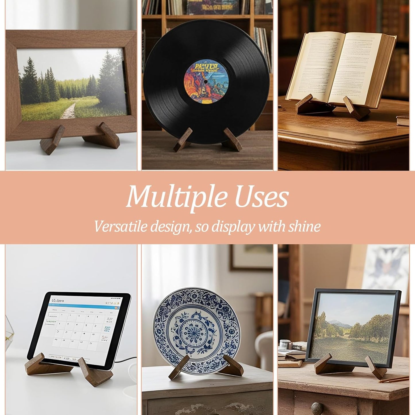 Bremorou Record Display Stand Plate Stand for Display Wooden Displays Vinyl Holder Stands Picture Frame Holder Cookbook Stands Recipe Book Holders Decorative Table Top Easels Record Lover Gifts