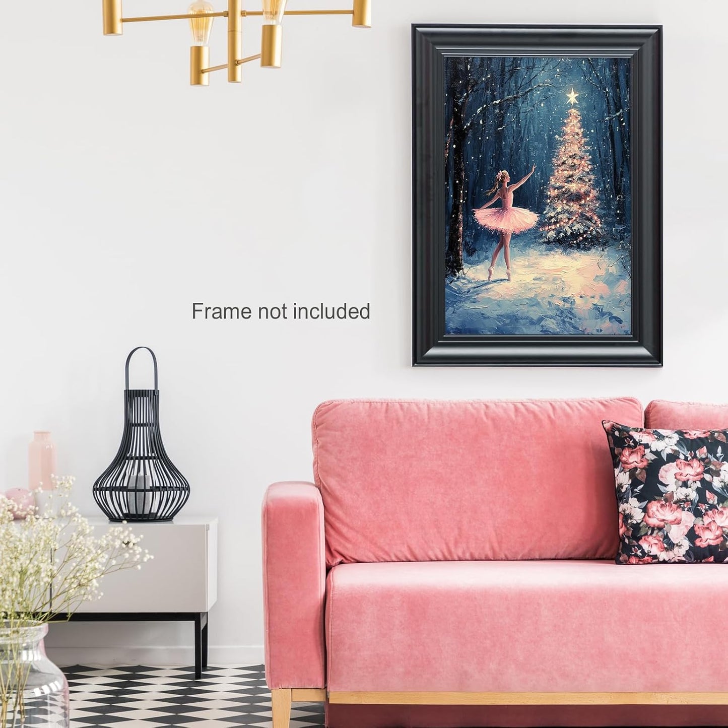 Vintage Pink Ballet Christmas Tree Wall Art Retro Lighted Winter Pine Botanical Aesthetic Picture Prints Rustic Scene Winter Room Wall Decor Canvas Posters Farmhouse Holiday Decor16x24in Unframed