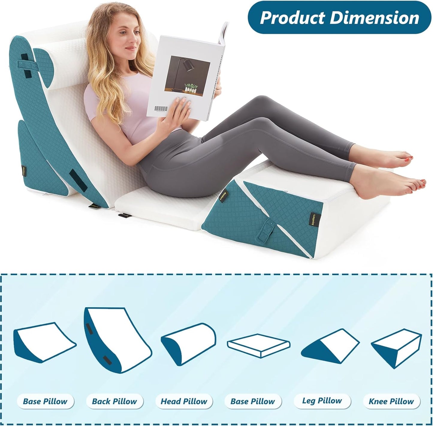 6PCS Orthopedic Bed Wedge Pillow Set for Sleeping - Adjustable Post Surgery Pillow Set for Back Neck Leg Support - Wedge Pillow for After Surgery Snoring & Acid Reflux (White Blue)