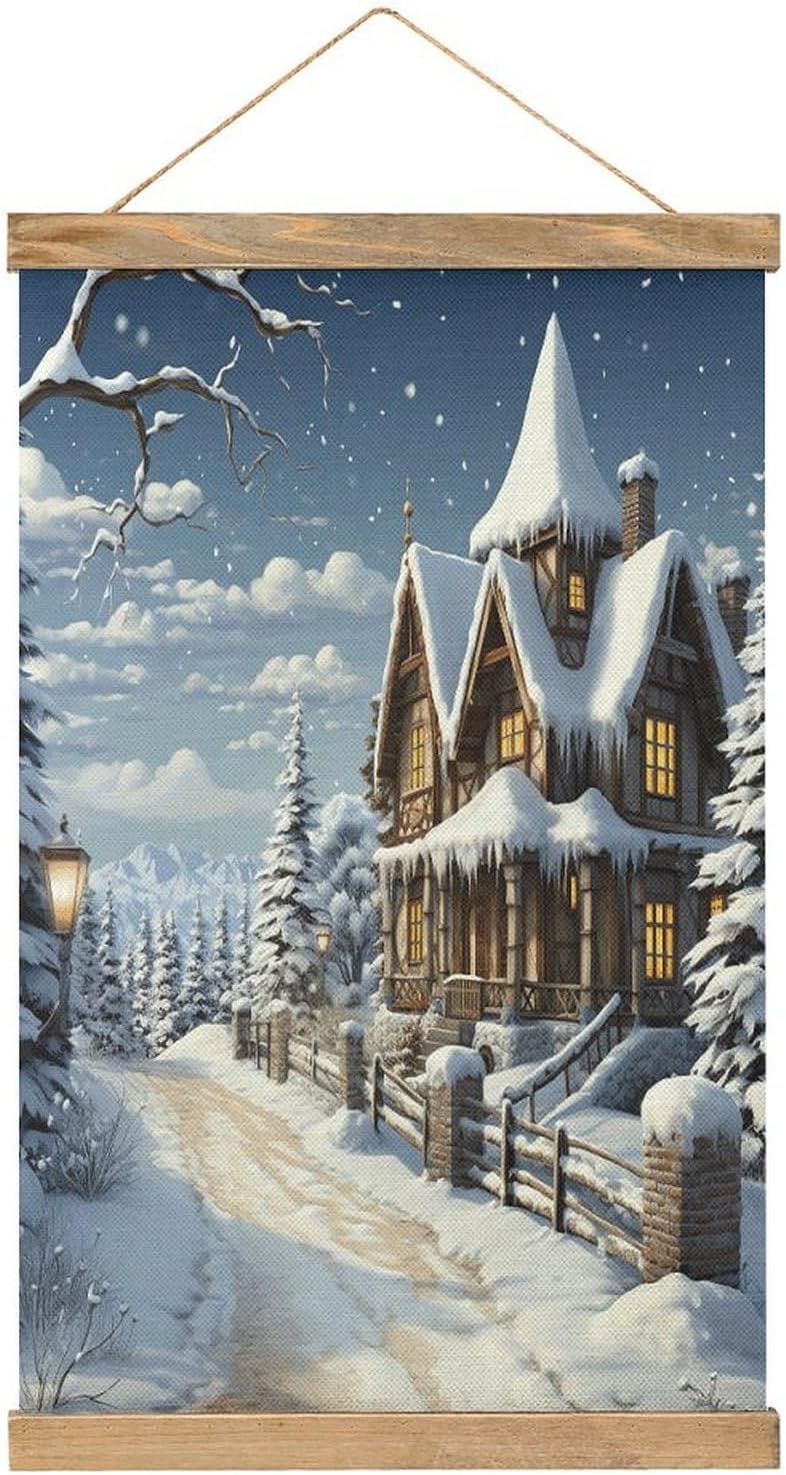 Vintage Christmas Winter Happy Scene Poster with Wooden Frame Personalized Linen Hanging Scroll Painting Rustic Wall Hanging Illustrative Modern Artwork Decor for Home Living Room Bedroom Office