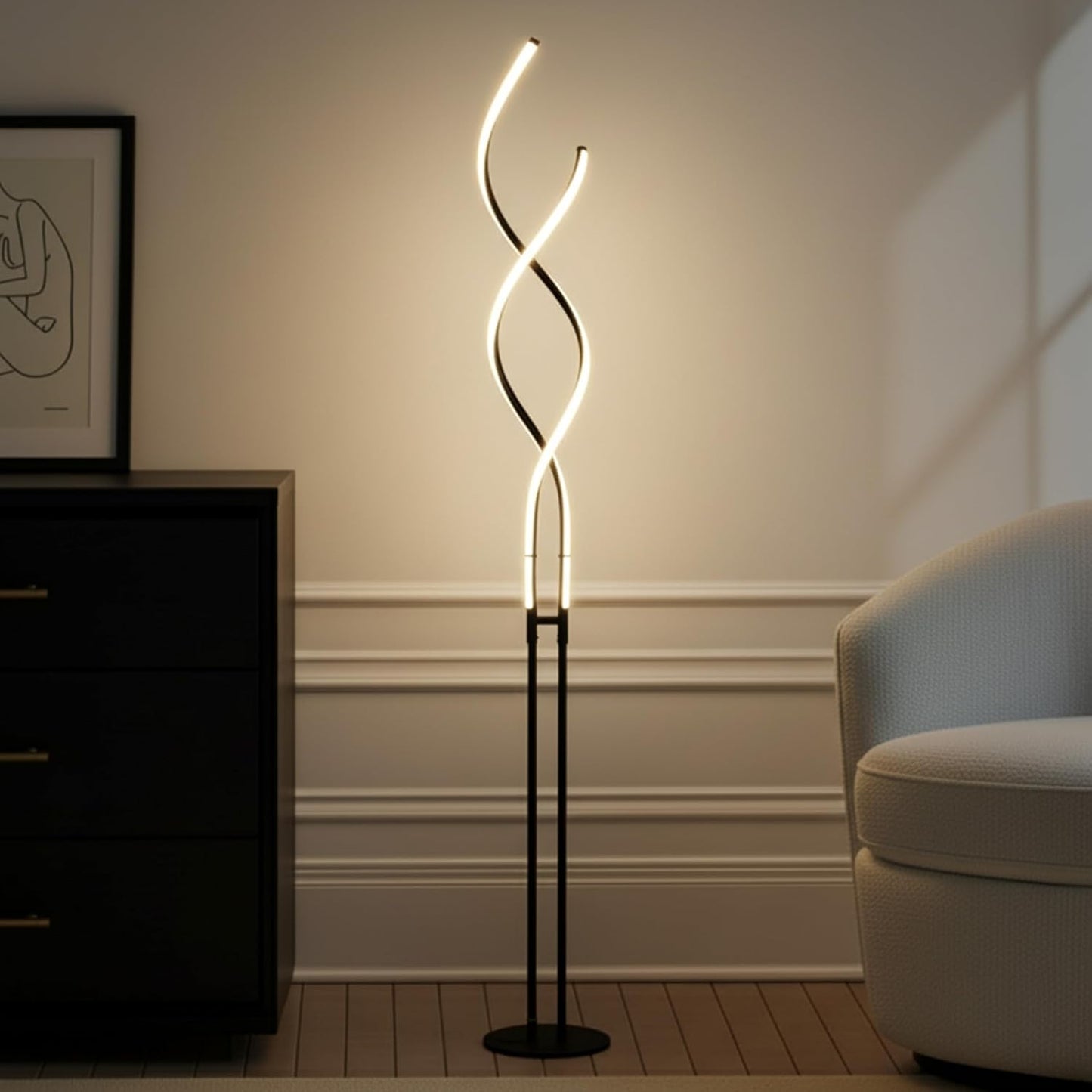 Brightech Embrace Dimmable LED Floor Lamp – Modern Spiral Adjustable Standing Lamp for Living Rooms & Offices – 2-in-1 Tall End Table Lamp for Bedroom Reading - Black