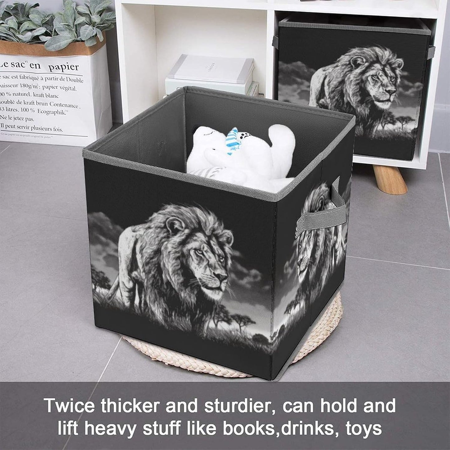 Lion Black And White Illustration Storage Bins with Handles Fashion Large Storage Cubes Sturdy Foldable Storage Boxes Space-Saving Storage Baskets for Home Office Clothes Closet Organizers