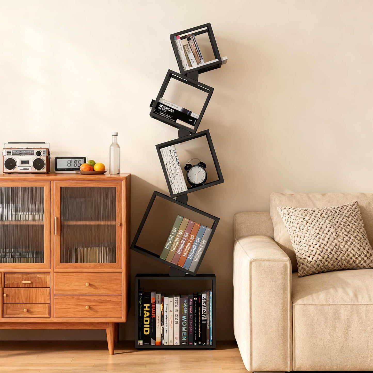 5-Tier Skinny Bookshelf with Unique Geometric Design - Modern Metal Bookcase, Space-Saving Narrow Organizer for Living Room, Bedroom, Office, Corner - Black