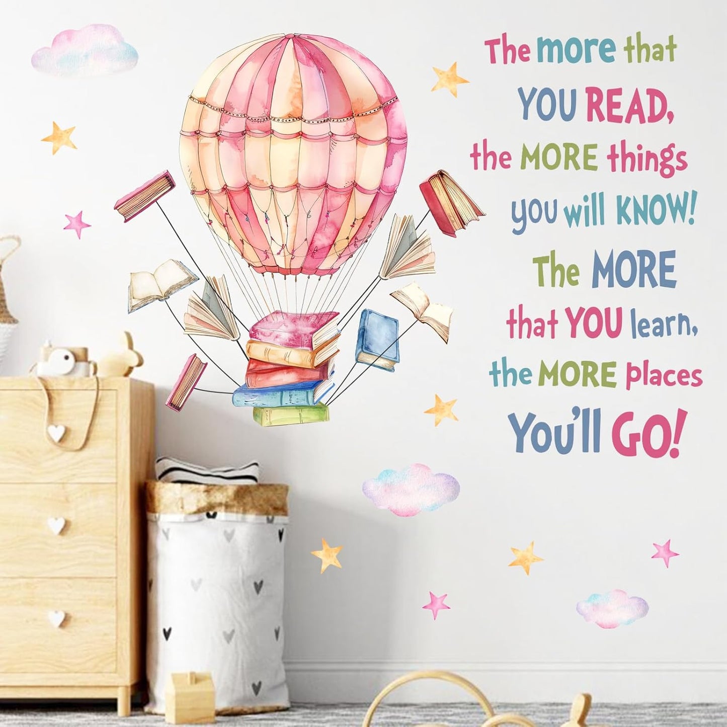 Mfault Reading Book Nook Hot Air Balloon Wall Decals Stickers, Inspirational Quote Cloud Stars Nursery Reading Corner Decorations Kids Bedroom Art, Motivational School Classroom Playroom Home Decor