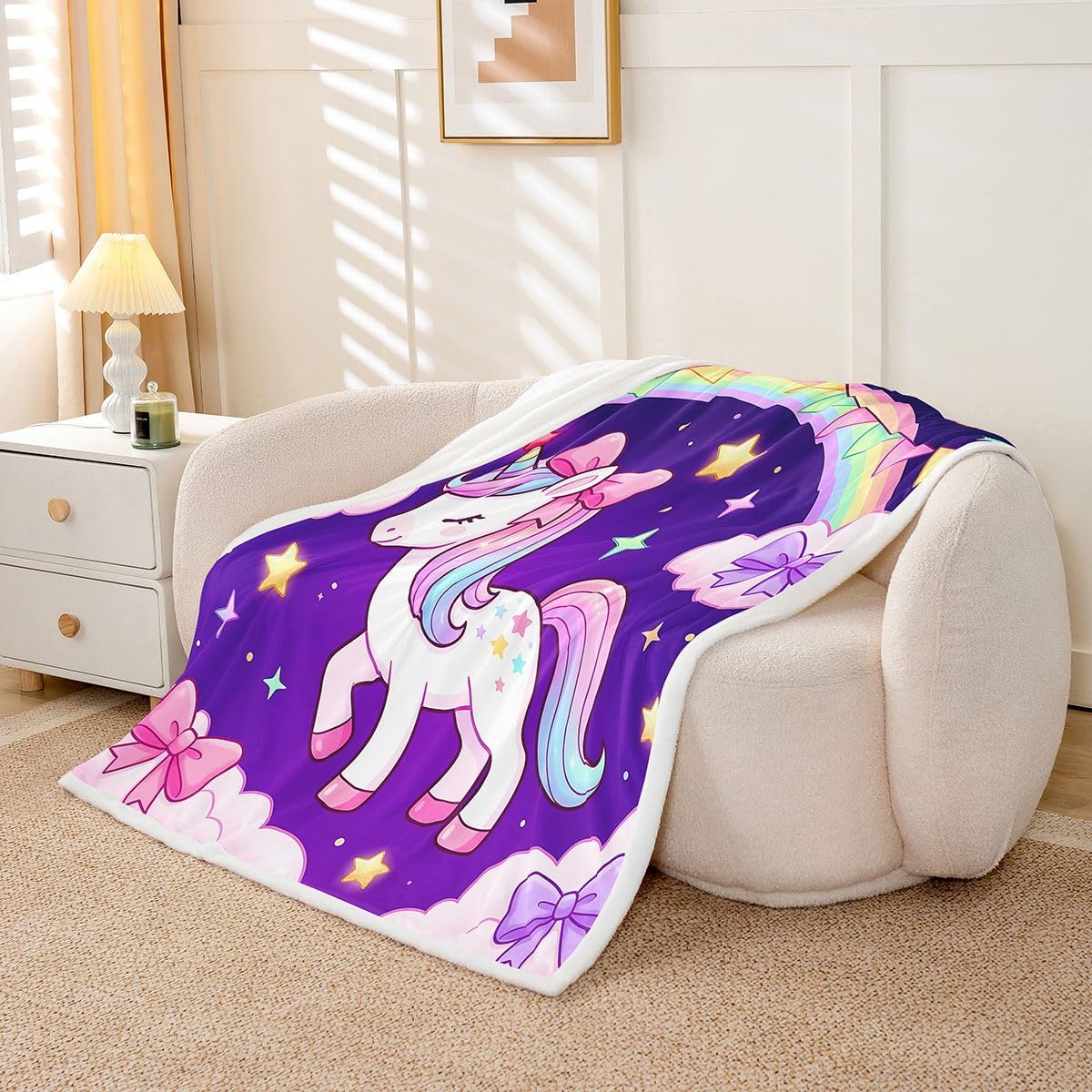 Feelyou Cute Unicorn Sherpa Throw Blanket for Couch Pink Bow Super Soft Cozy Fleece Princess Unicorn Blanket for Winter, Plush Throw Dreamy Horse Baby 30"x40" All Season