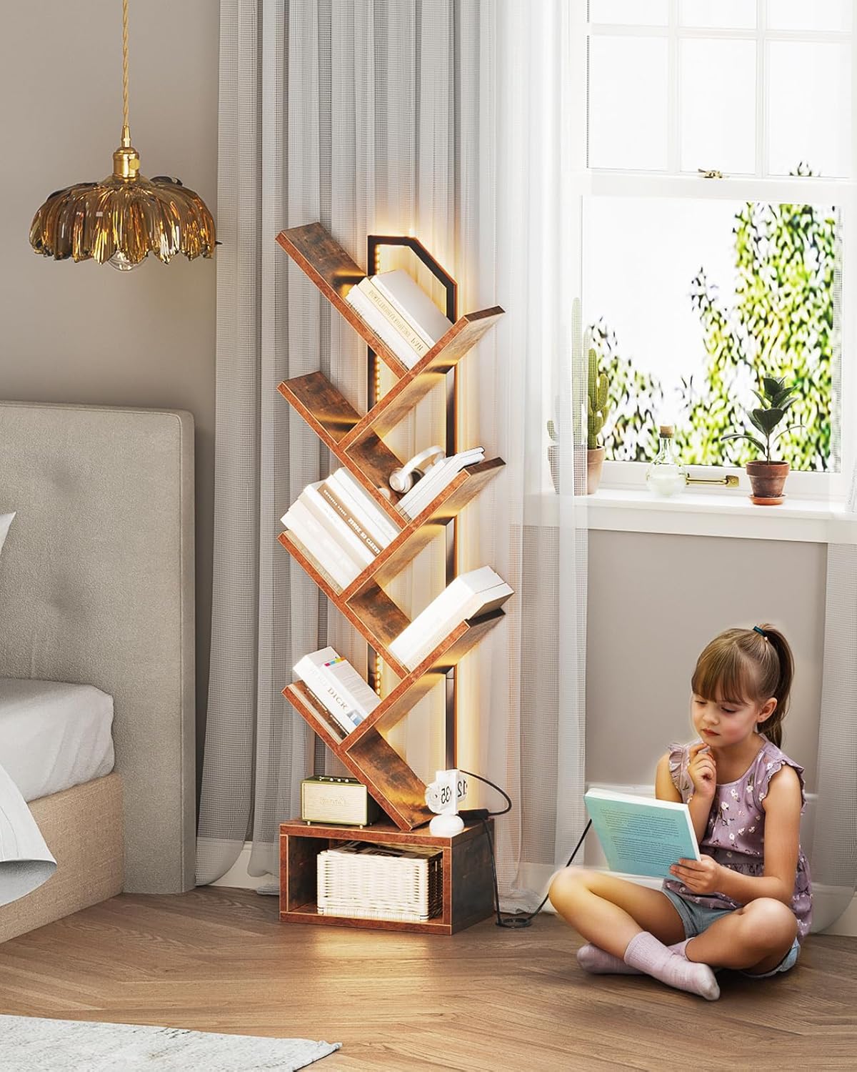 Casaottima Tree Bookshelf with LED Lights, 6-Tier Narrow Bookcase for Small Spaces, Tall Steel & Wood Storage Shelf with Cabinet, Home Decor & Organizer for Living Room/Bedroom/Home Office, Vintage