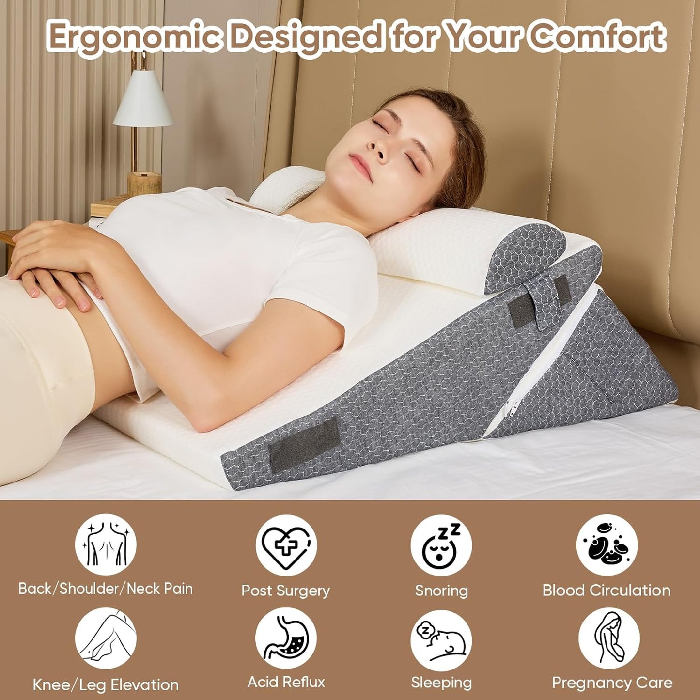 3-Piece Adjustable Bed Wedge Pillow Set for After Post Surgery,10-in-1 Orthopedic Foam Wedge Pillow Headboard Support for Acid Reflux, Sleeping,Snoring, Back & Leg Pain Relief